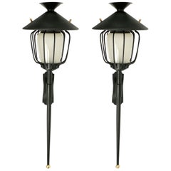1970 Large Pair of Lantern Wall Lights from Maison Honoré