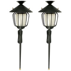 Vintage 1970 Large Pair of Lantern Wall Lights from Maison Honoré