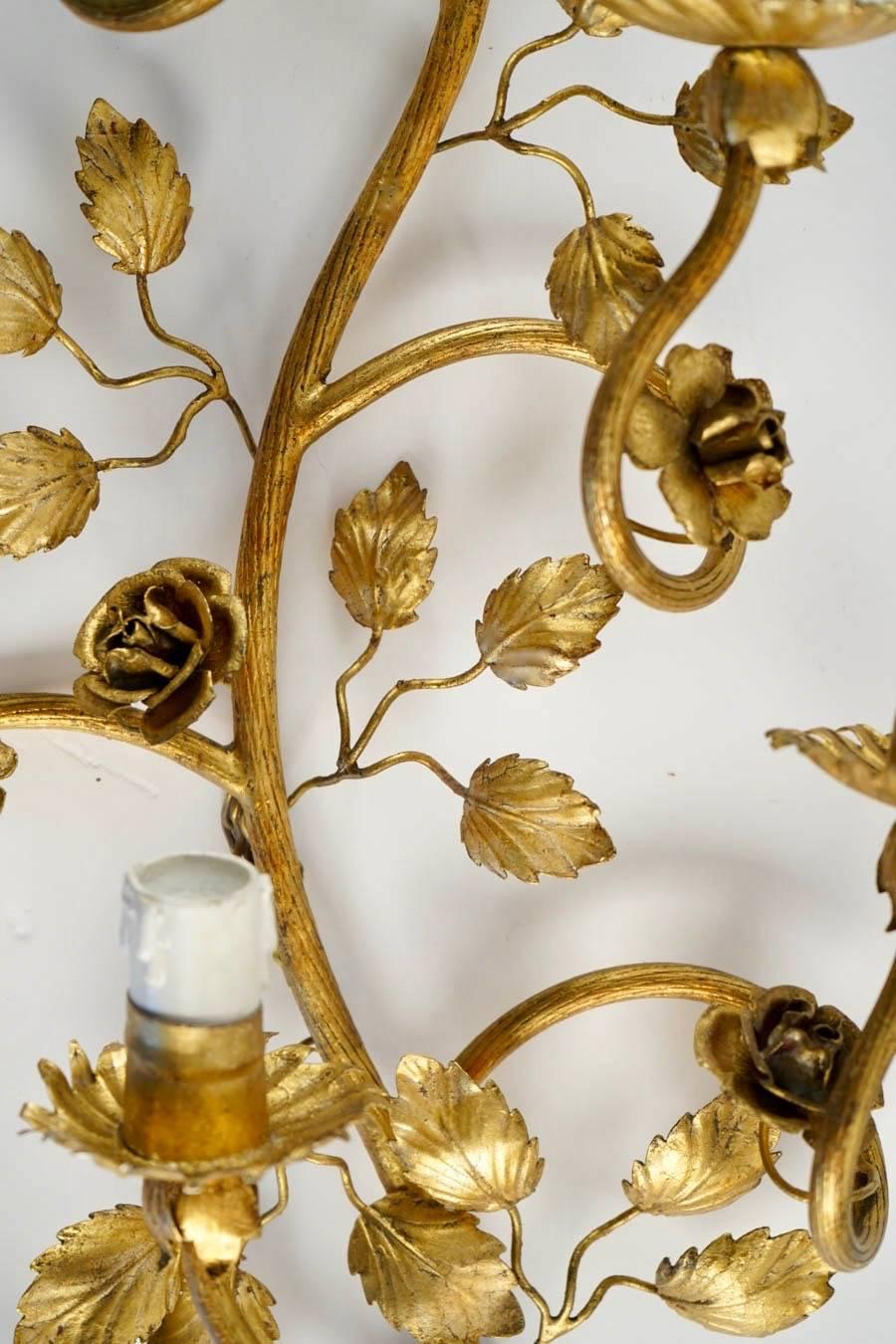 French 1960s Large Pair of Maison FlorArt Gilded Sconces