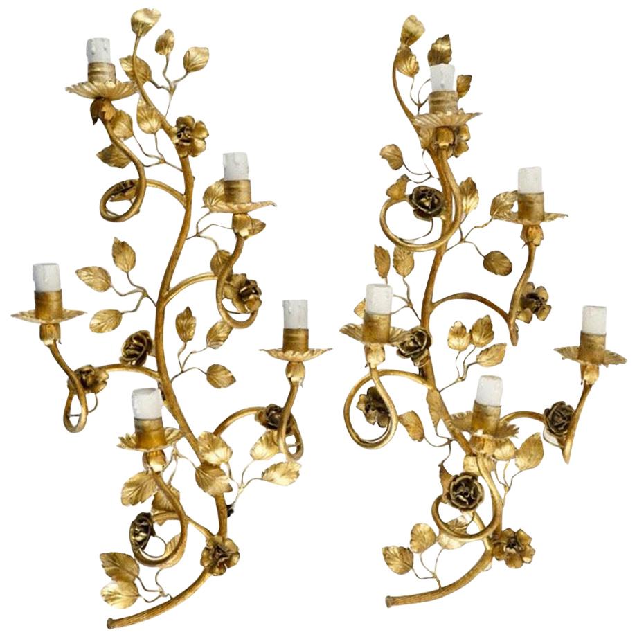 1960s Large Pair of Maison FlorArt Gilded Sconces