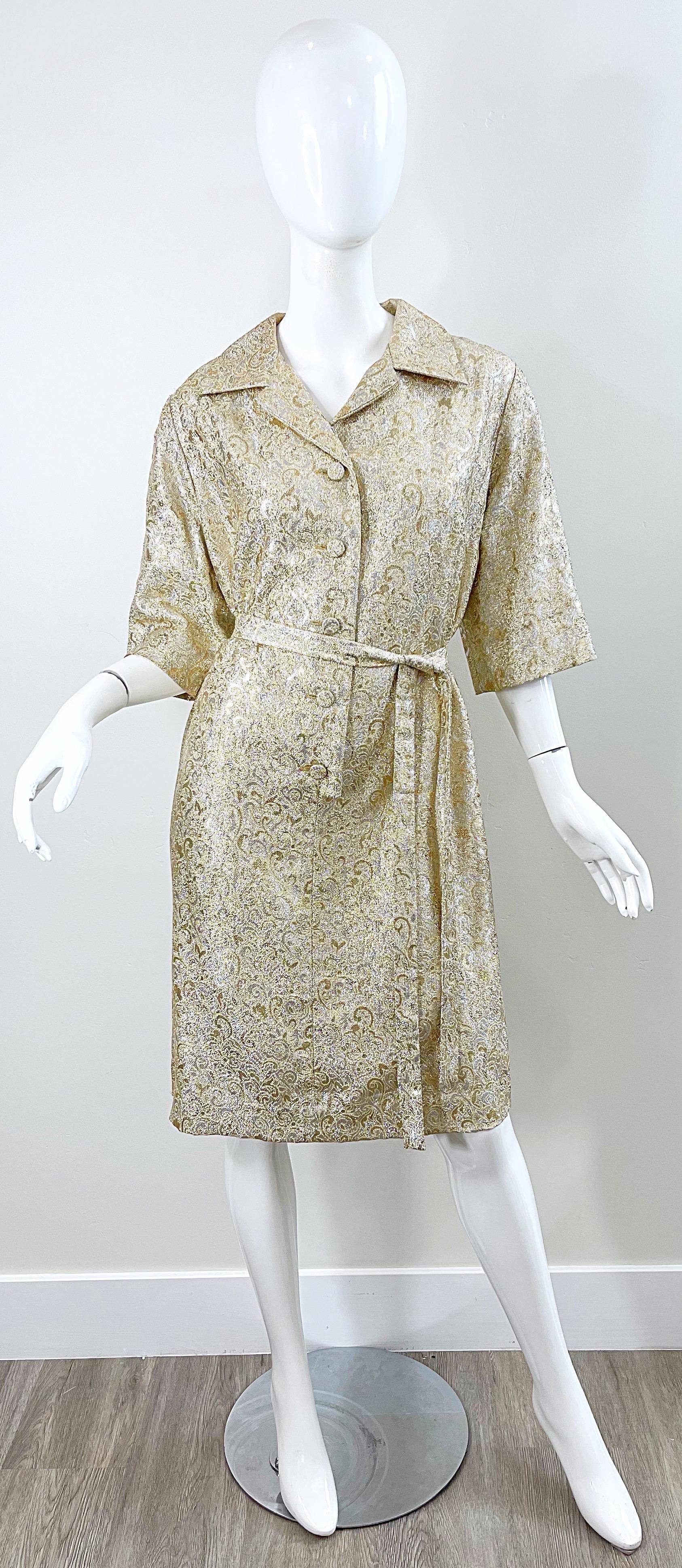 1960s Large Plus Size Gold Silver Silk Brocade Vintage 60s Belted Shirt Dress For Sale 9