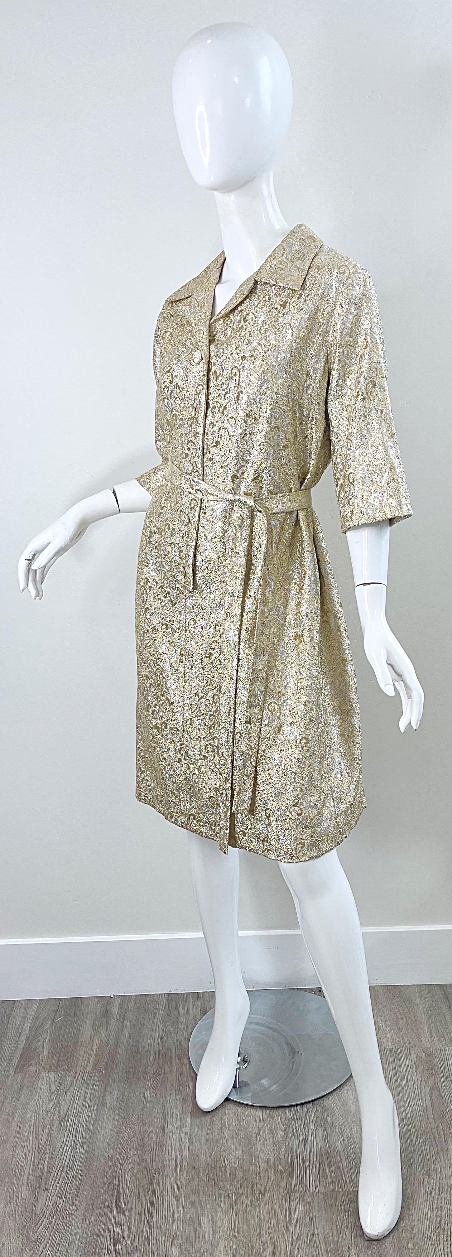 1960s Large Plus Size Gold Silver Silk Brocade Vintage 60s Belted Shirt Dress For Sale 1
