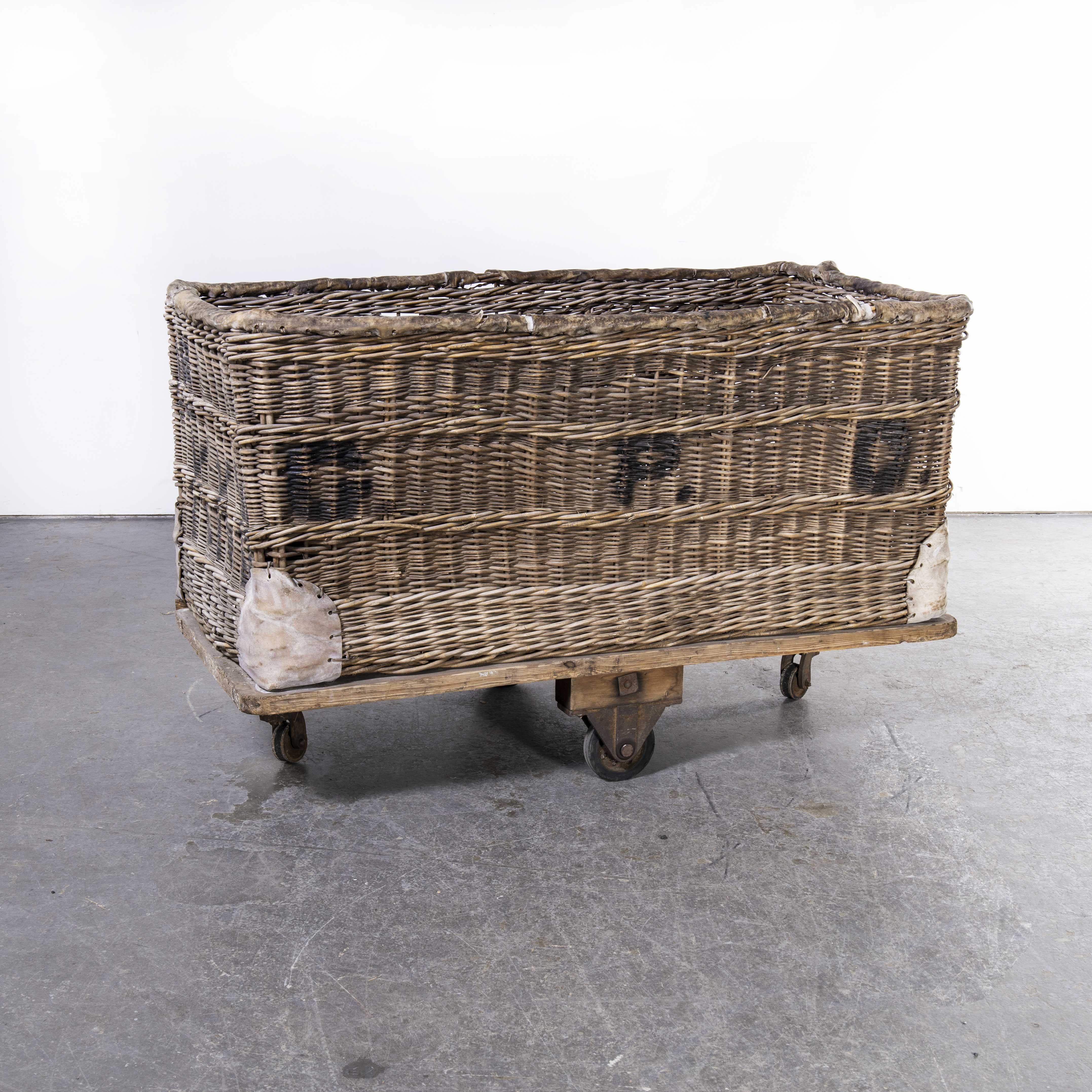 1960’s large rattan factory trolley – basket
1940’s large rattan factory trolley – basket. Stunning and very original survivor from the 1960’s. The basket is branded underneath ‘Workshops for the blind 1966 – Bristol’. The Bristol Asylum for the