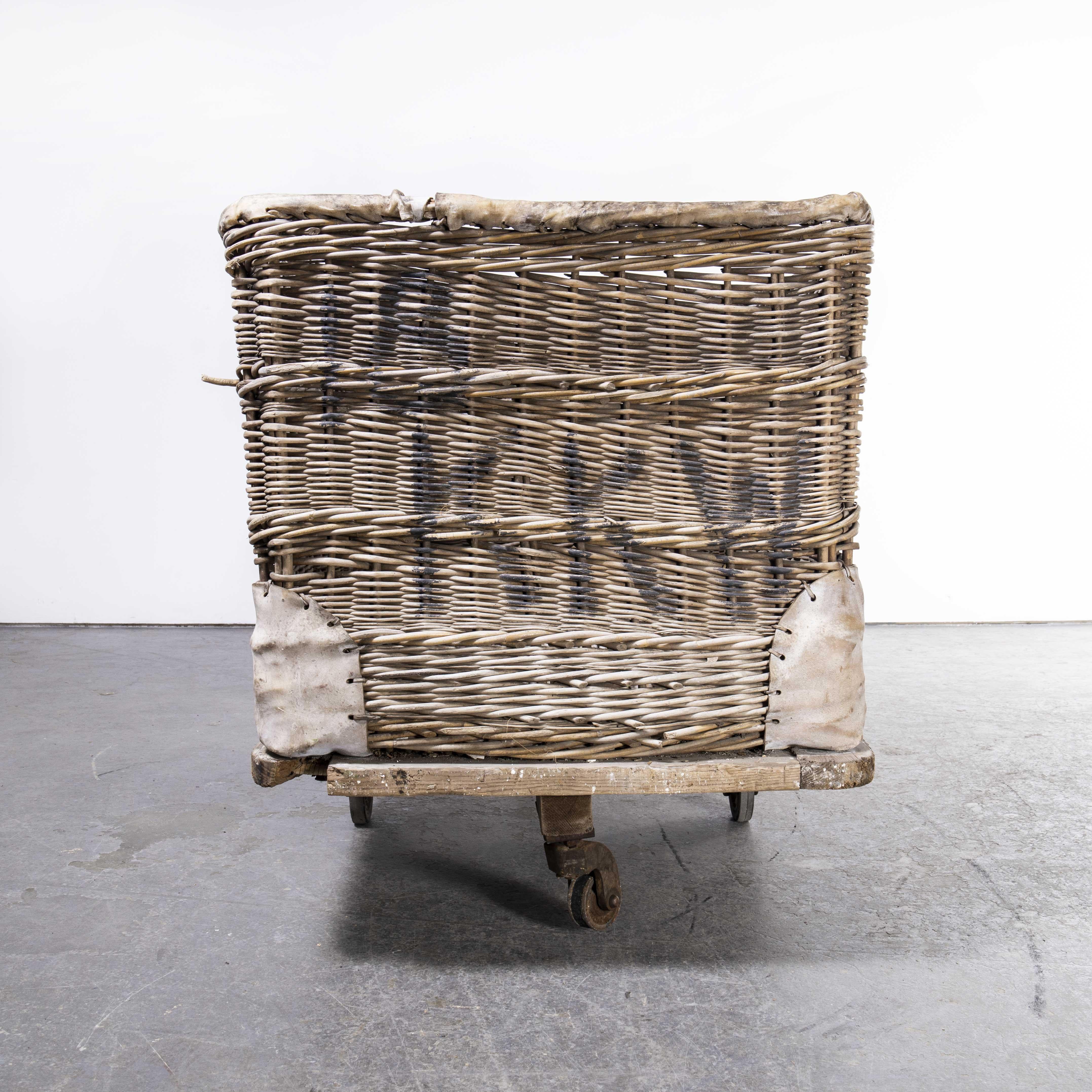 British 1960's Large Rattan Factory Trolley, Basket For Sale