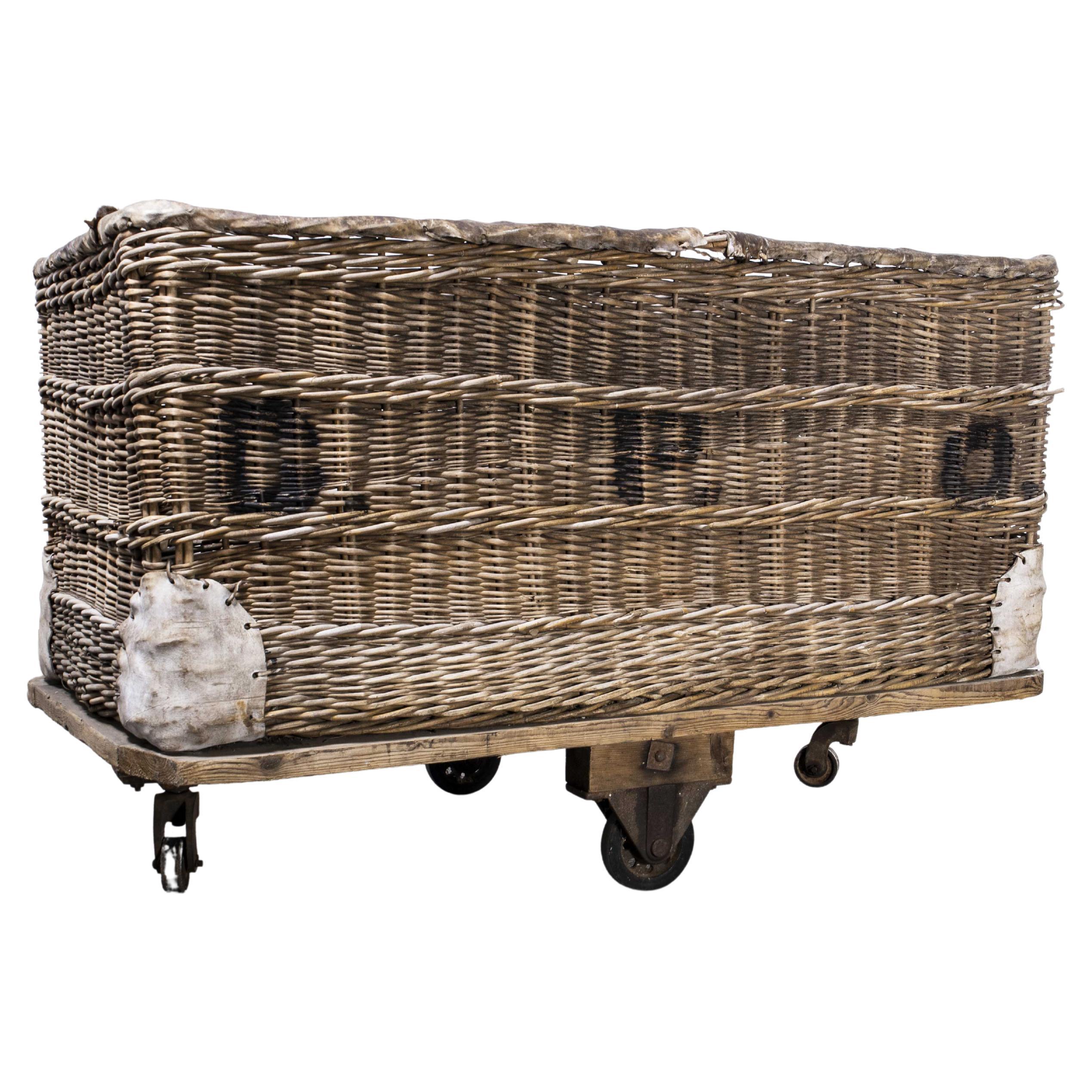 1960's Large Rattan Factory Trolley, Basket For Sale