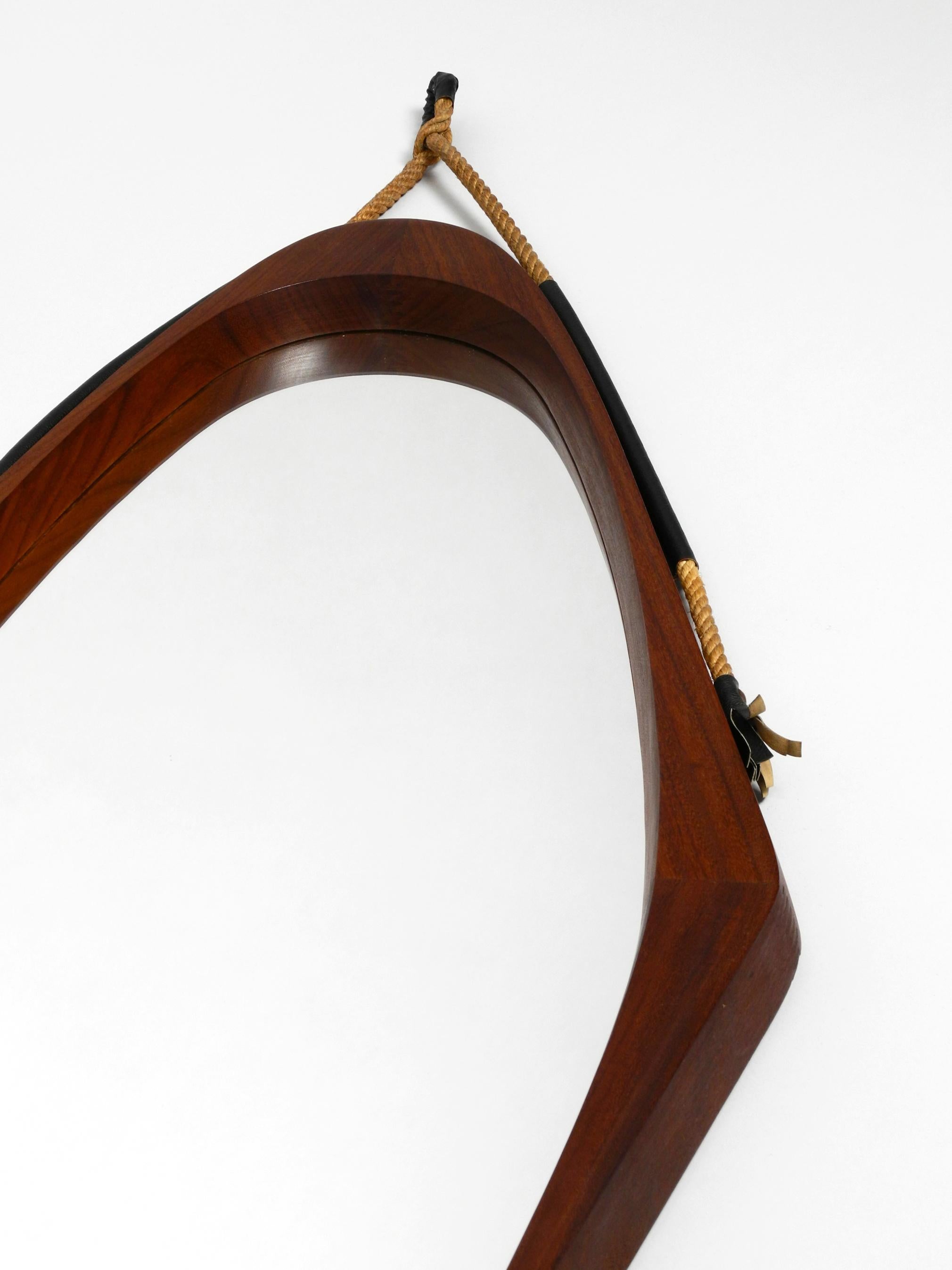 1960s Large Rhombus-Shaped Teak Wall Mirror with Thick Rope for Hanging 11