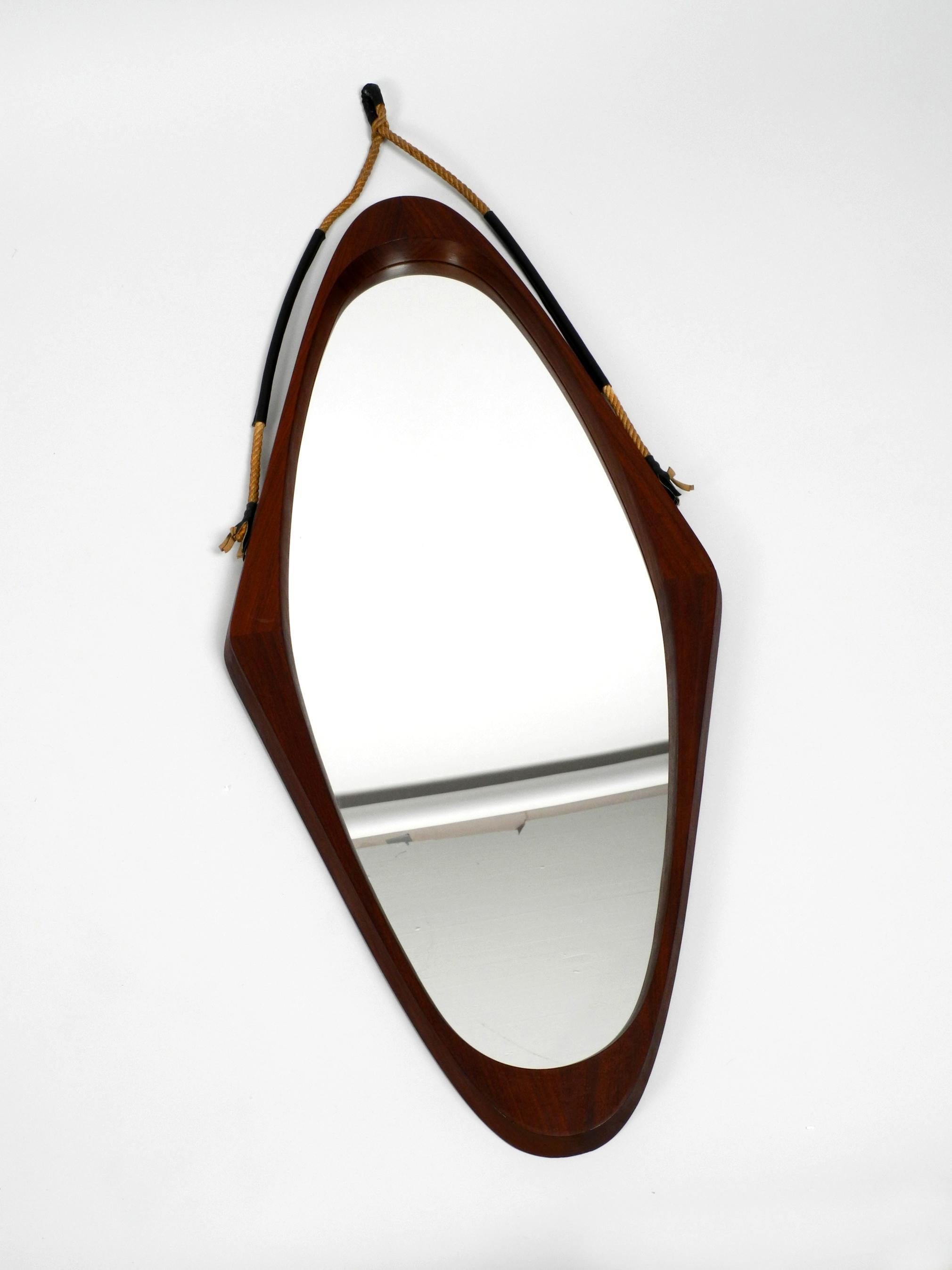 1960s Large Rhombus-Shaped Teak Wall Mirror with Thick Rope for Hanging 13