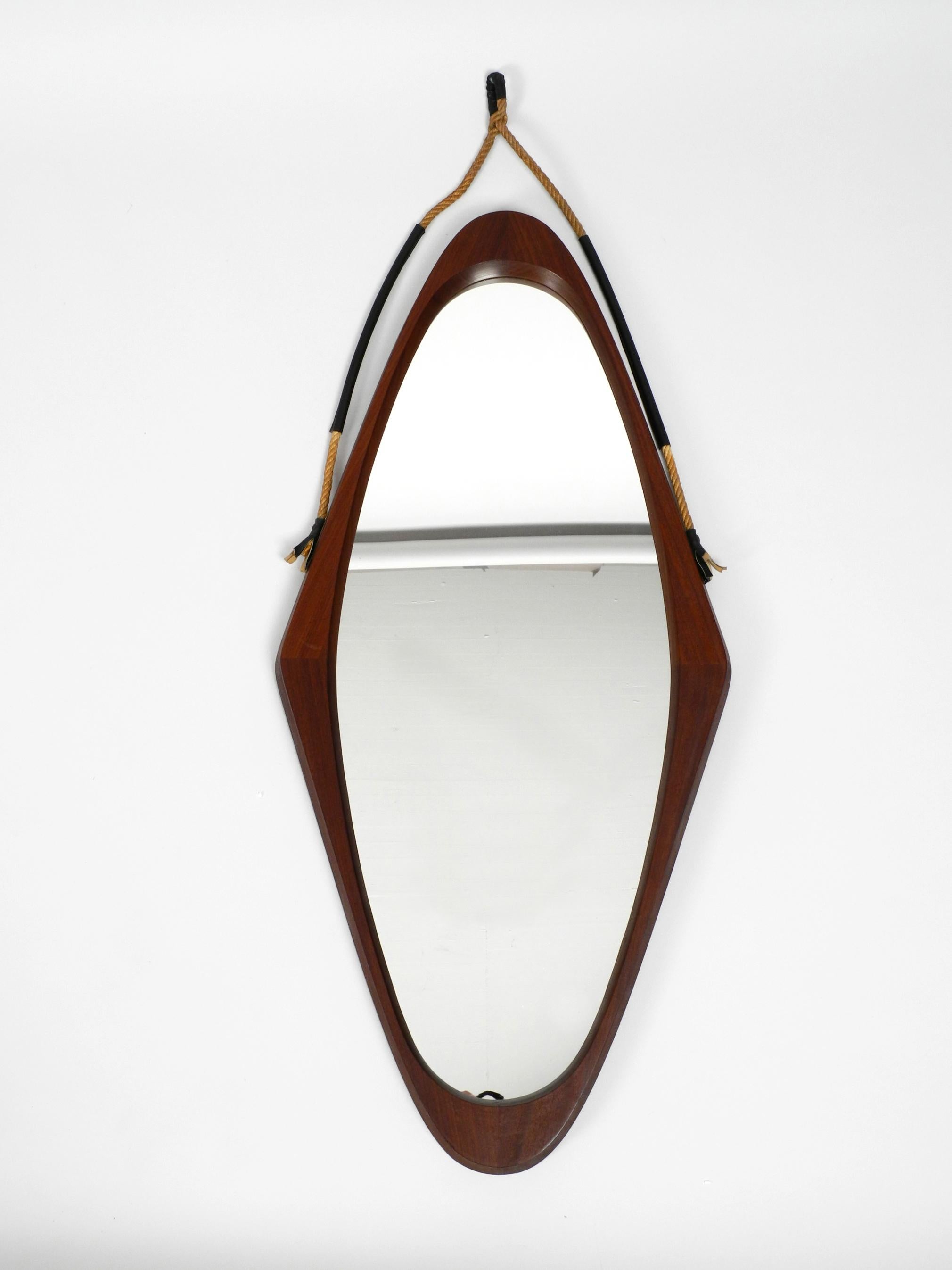 Mid-Century Modern 1960s Large Rhombus-Shaped Teak Wall Mirror with Thick Rope for Hanging