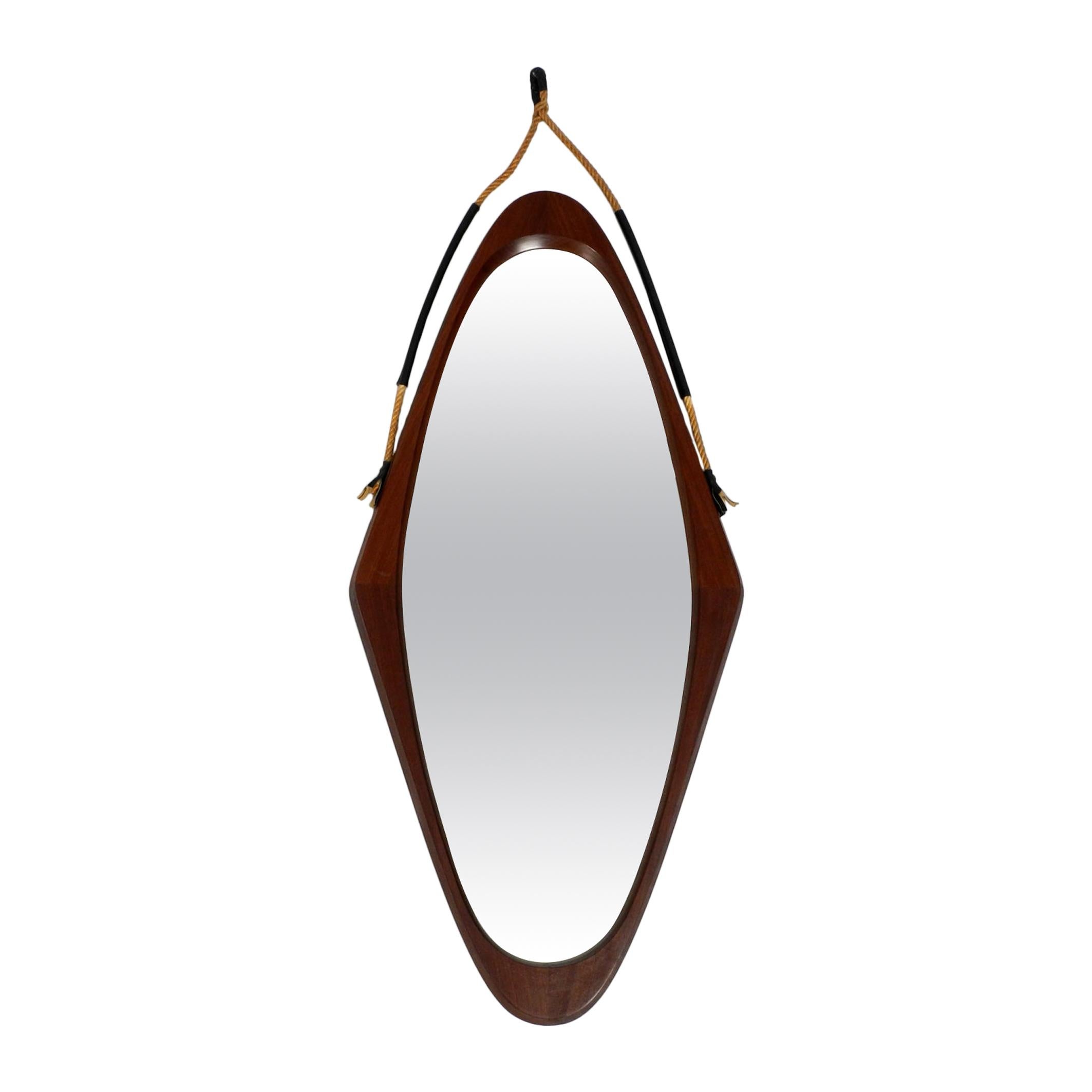 1960s Large Rhombus-Shaped Teak Wall Mirror with Thick Rope for Hanging