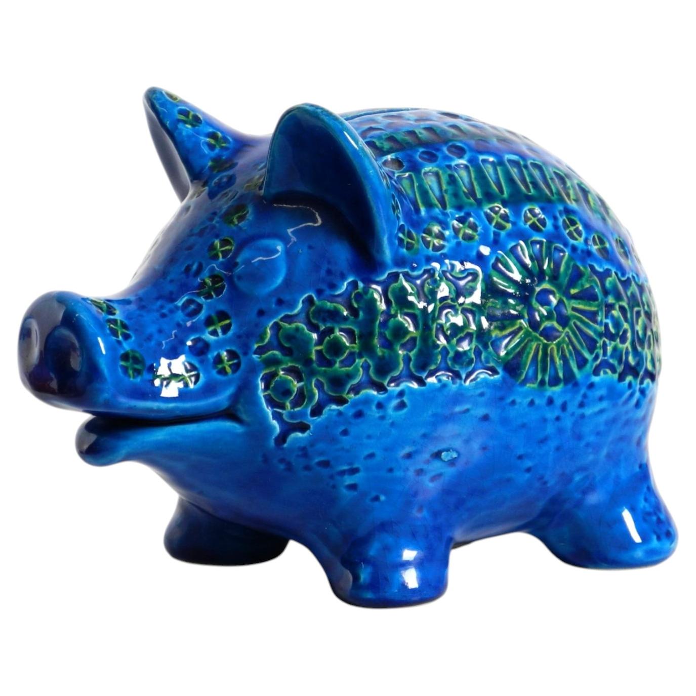 Hucha grande de cerámica de cerdo Rimini Blu de los años 60, de Aldo Londi para Bitossi Italia