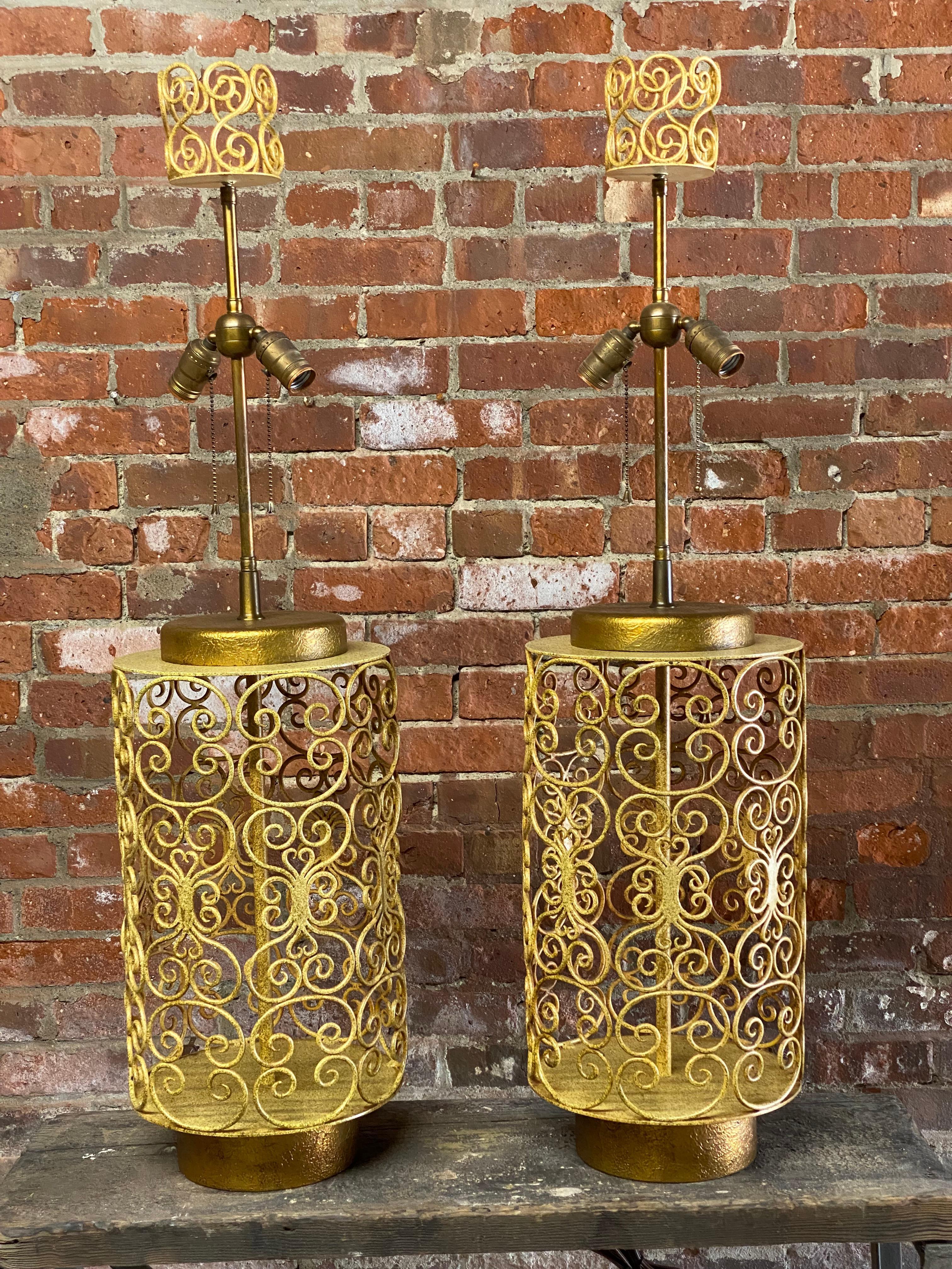 American 1960s Large Scroll Metalwork Table Lamps, A Pair