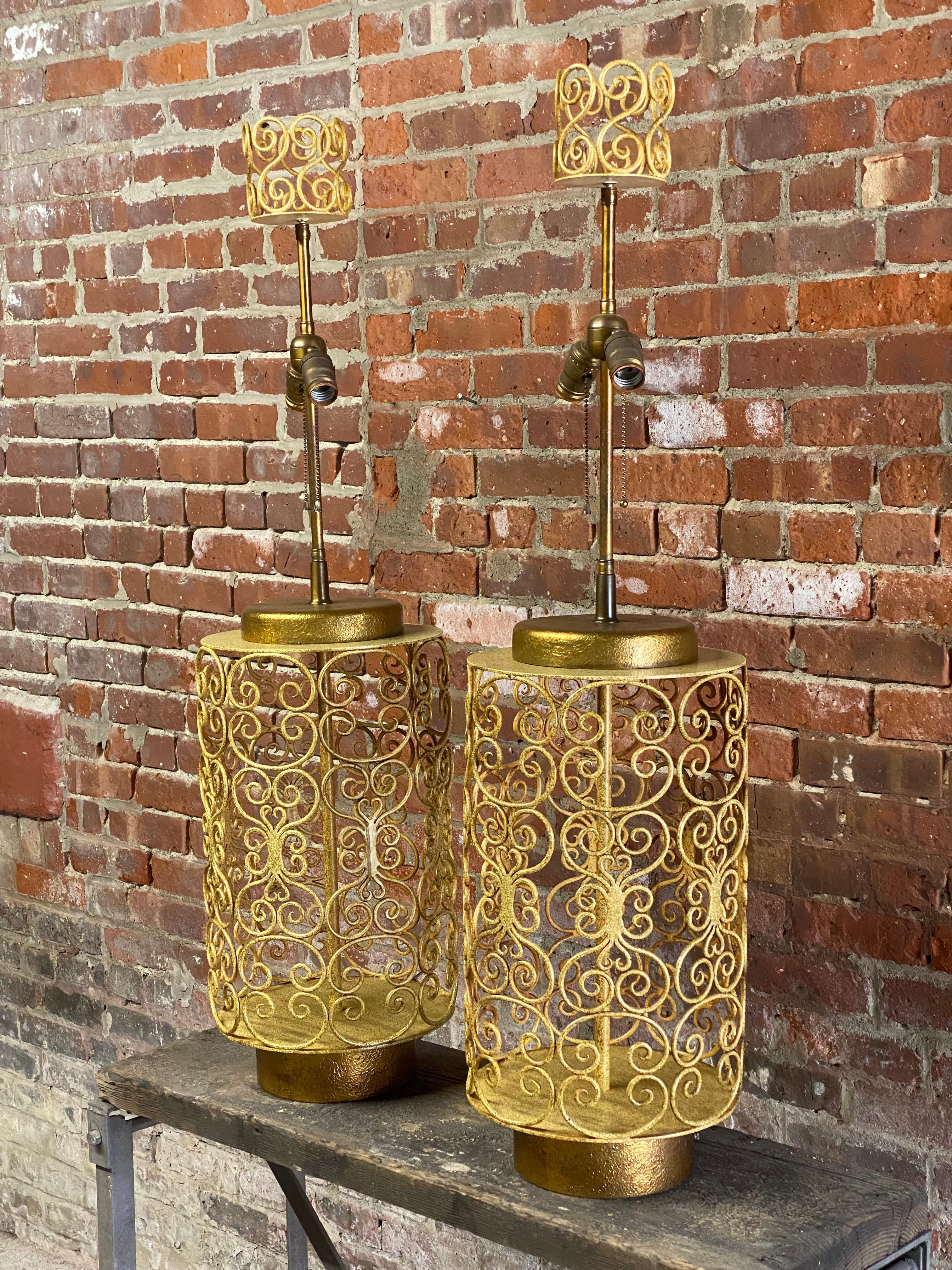 1960s Large Scroll Metalwork Table Lamps, A Pair In Good Condition In Garnerville, NY