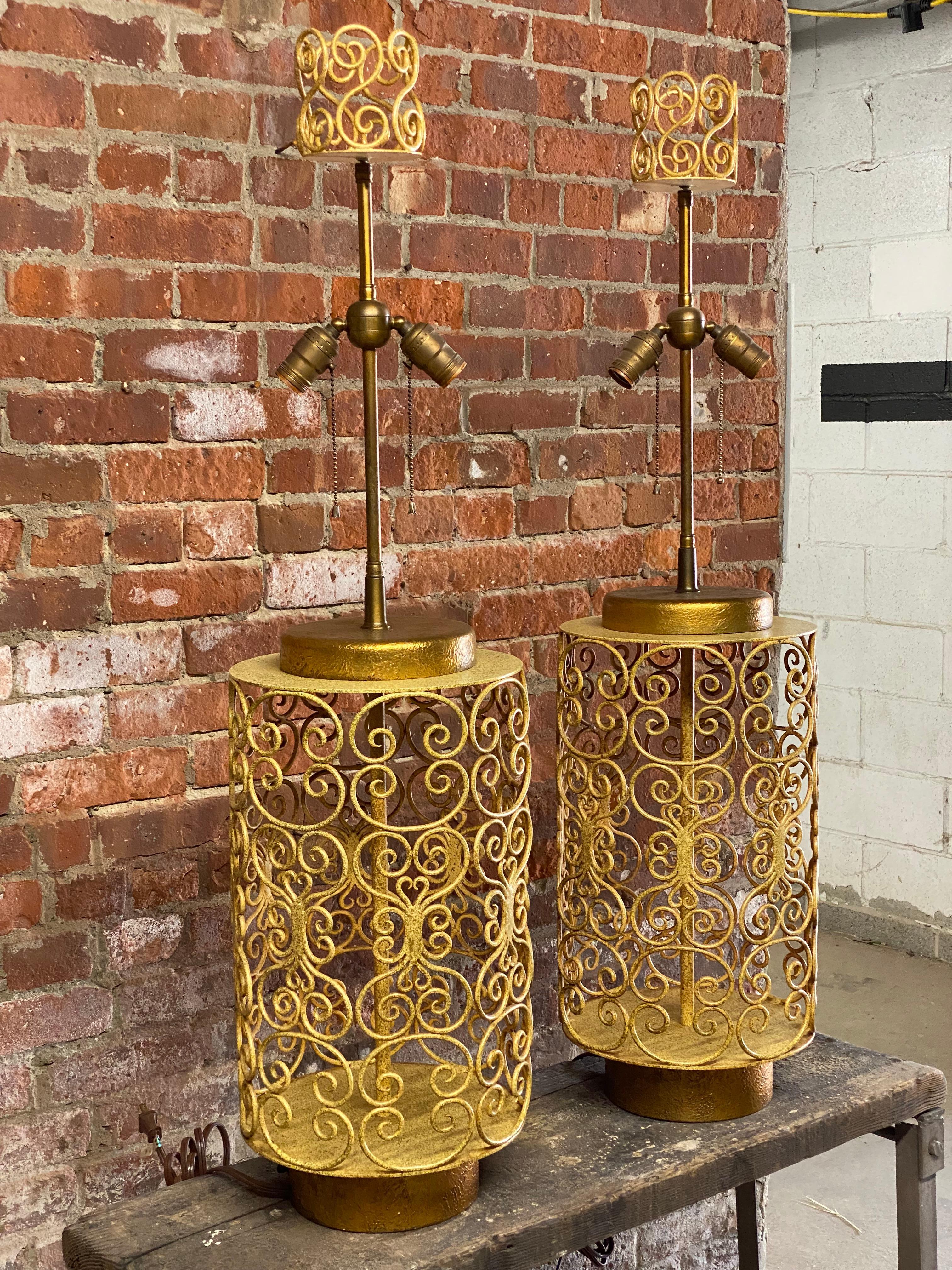 Mid-20th Century 1960s Large Scroll Metalwork Table Lamps, A Pair
