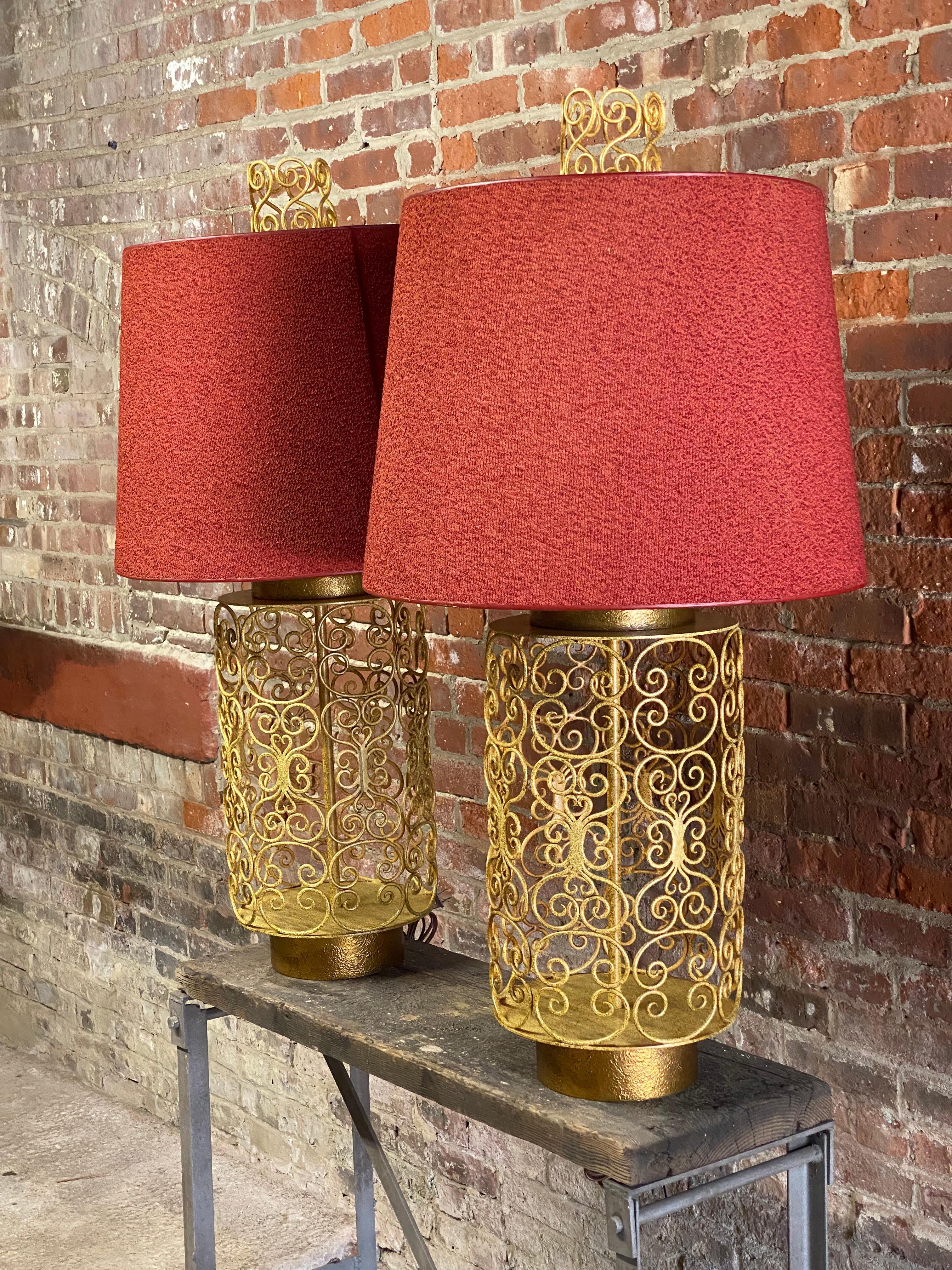 Steel 1960s Large Scroll Metalwork Table Lamps, A Pair