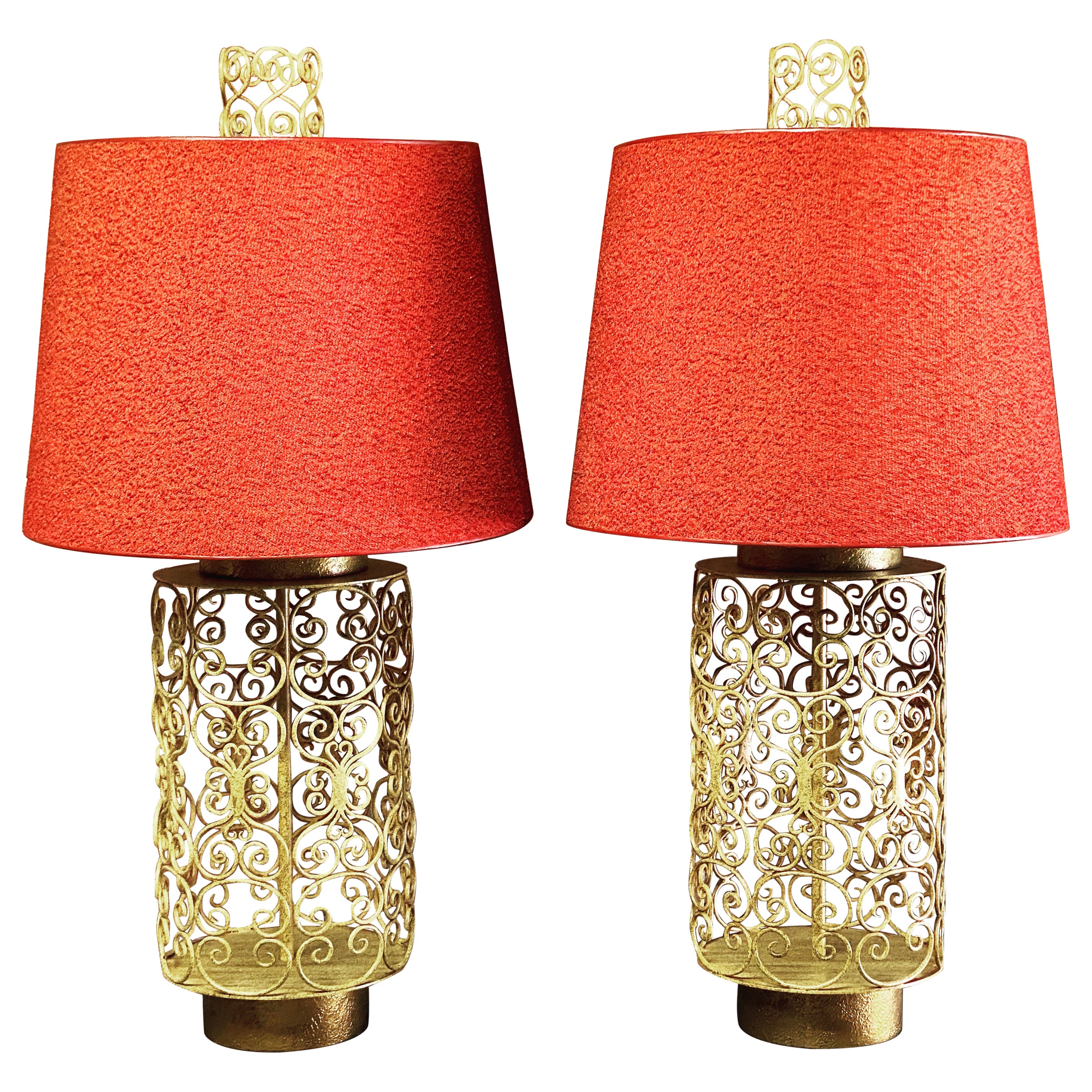 1960s Large Scroll Metalwork Table Lamps, A Pair