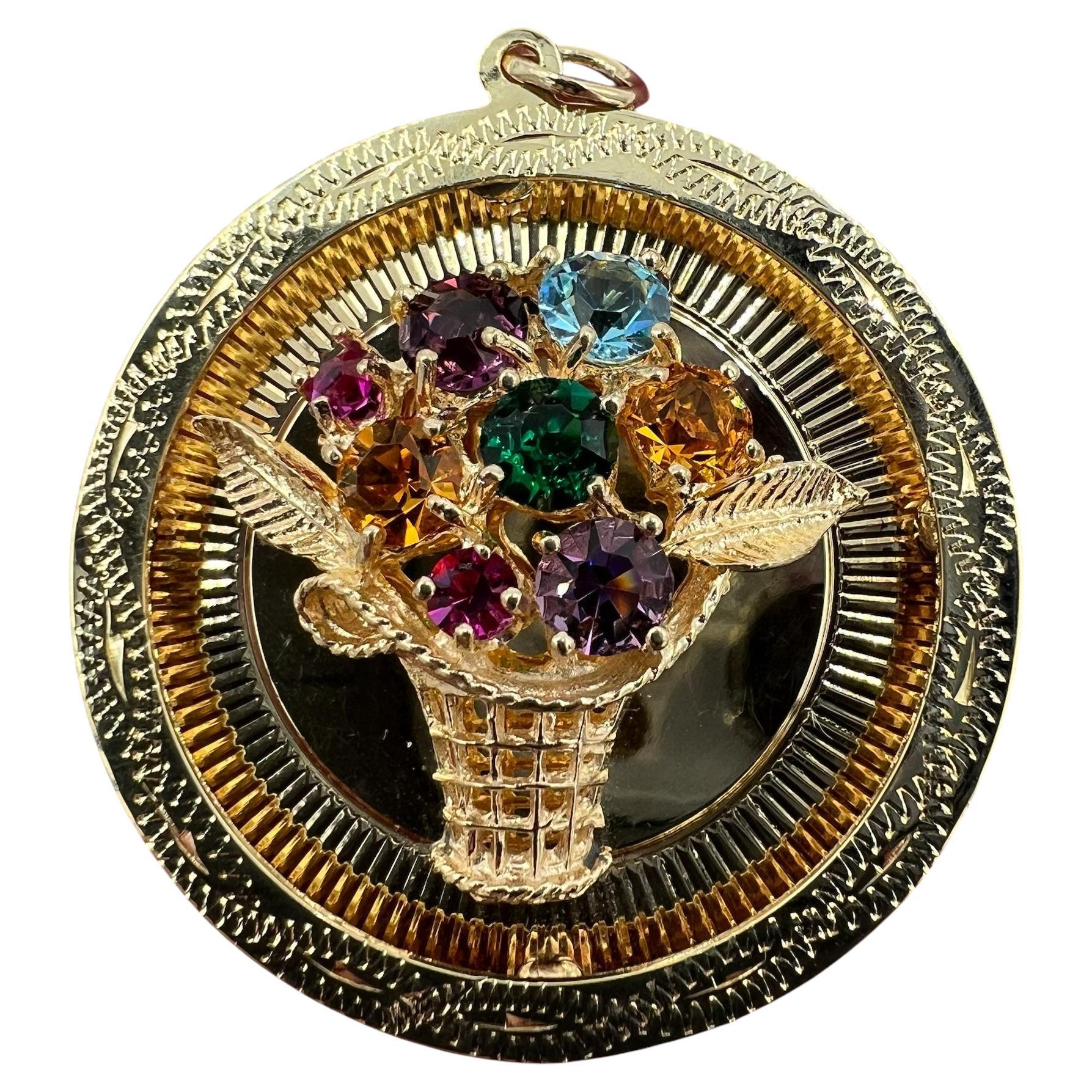 Cesto di pietre a forma di scatola d'ombra grande degli anni '60 in oro giallo 14k - ciondolo charme