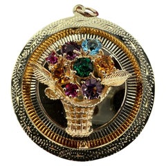 1960s Large Shadow Box Basket Of Stones 14k Yellow Gold Charm Pendant