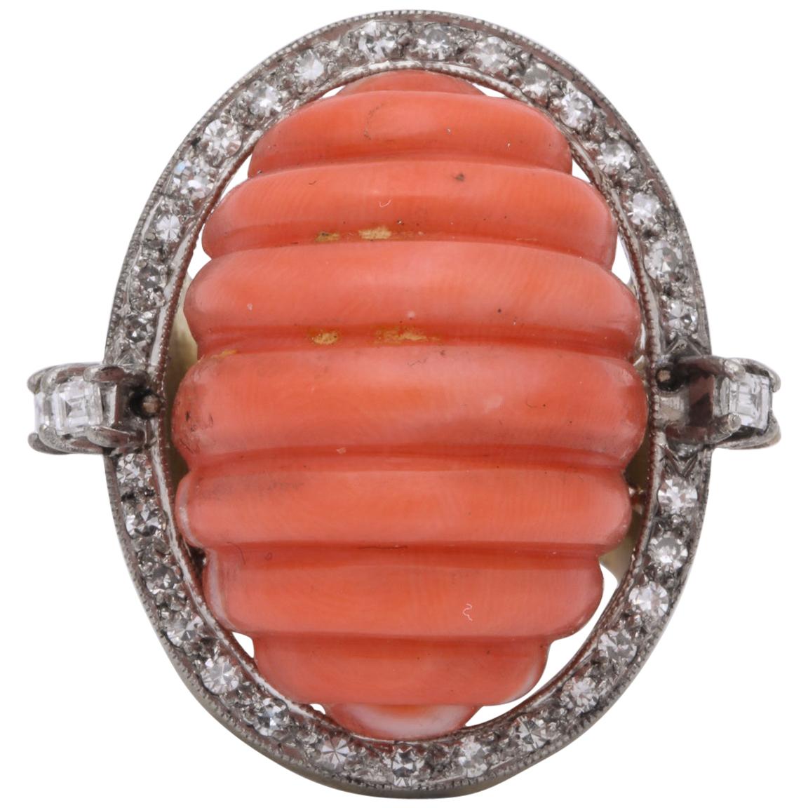 1960s Large Shrimp Fluted Coral with Diamonds Gold Cocktail Ring For Sale