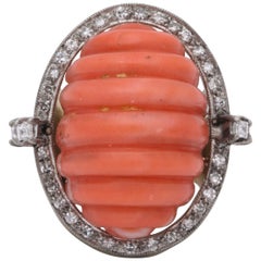 1960s Large Shrimp Fluted Coral with Diamonds Gold Cocktail Ring