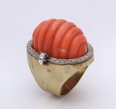1960s Large Shrimp Fluted Coral with Diamonds Gold Cocktail Ring