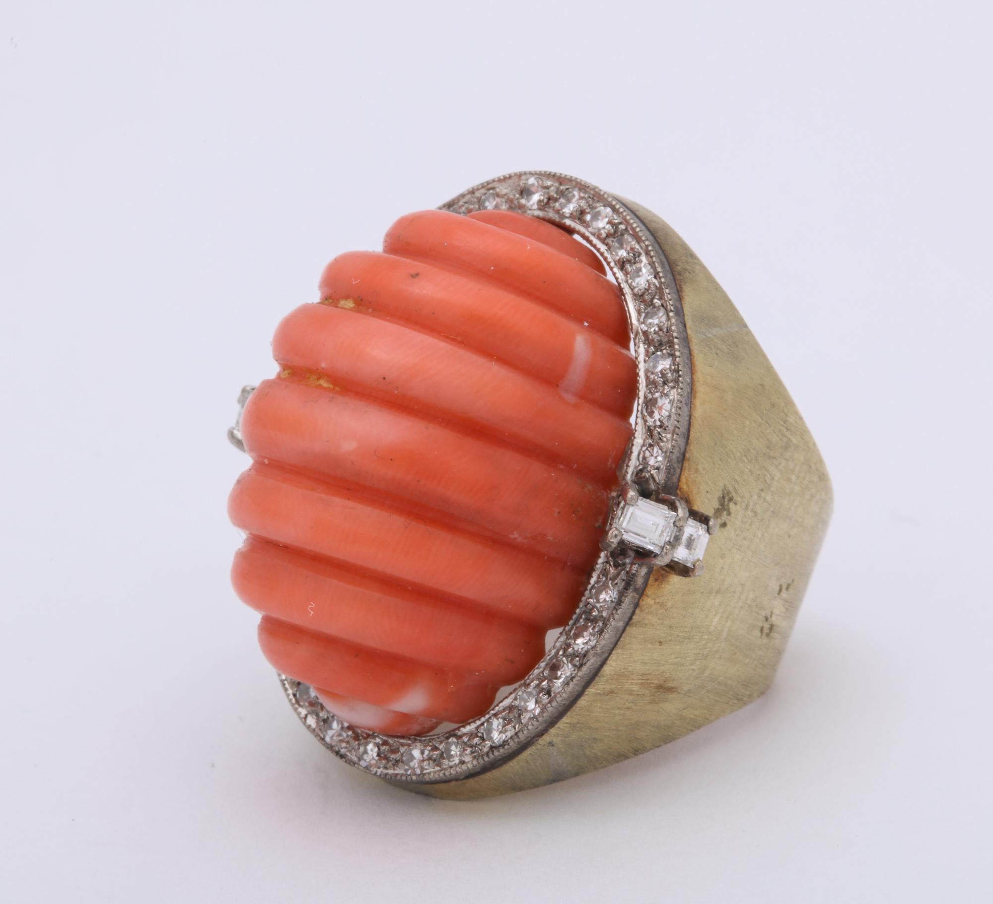 Crisscut 1960s Large Shrimp Fluted Coral with Diamonds Gold Cocktail Ring For Sale