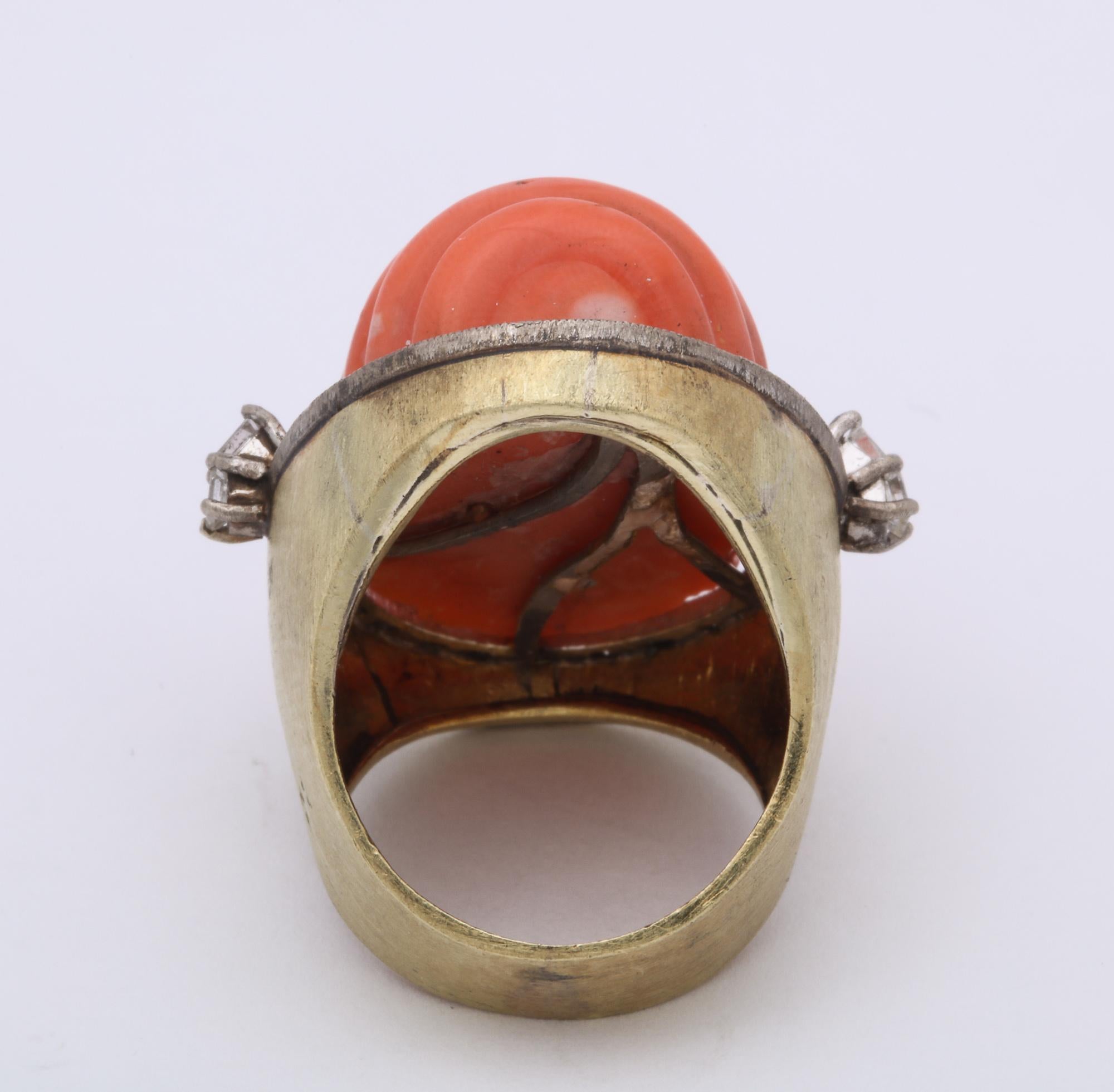 Women's 1960s Large Shrimp Fluted Coral with Diamonds Gold Cocktail Ring For Sale