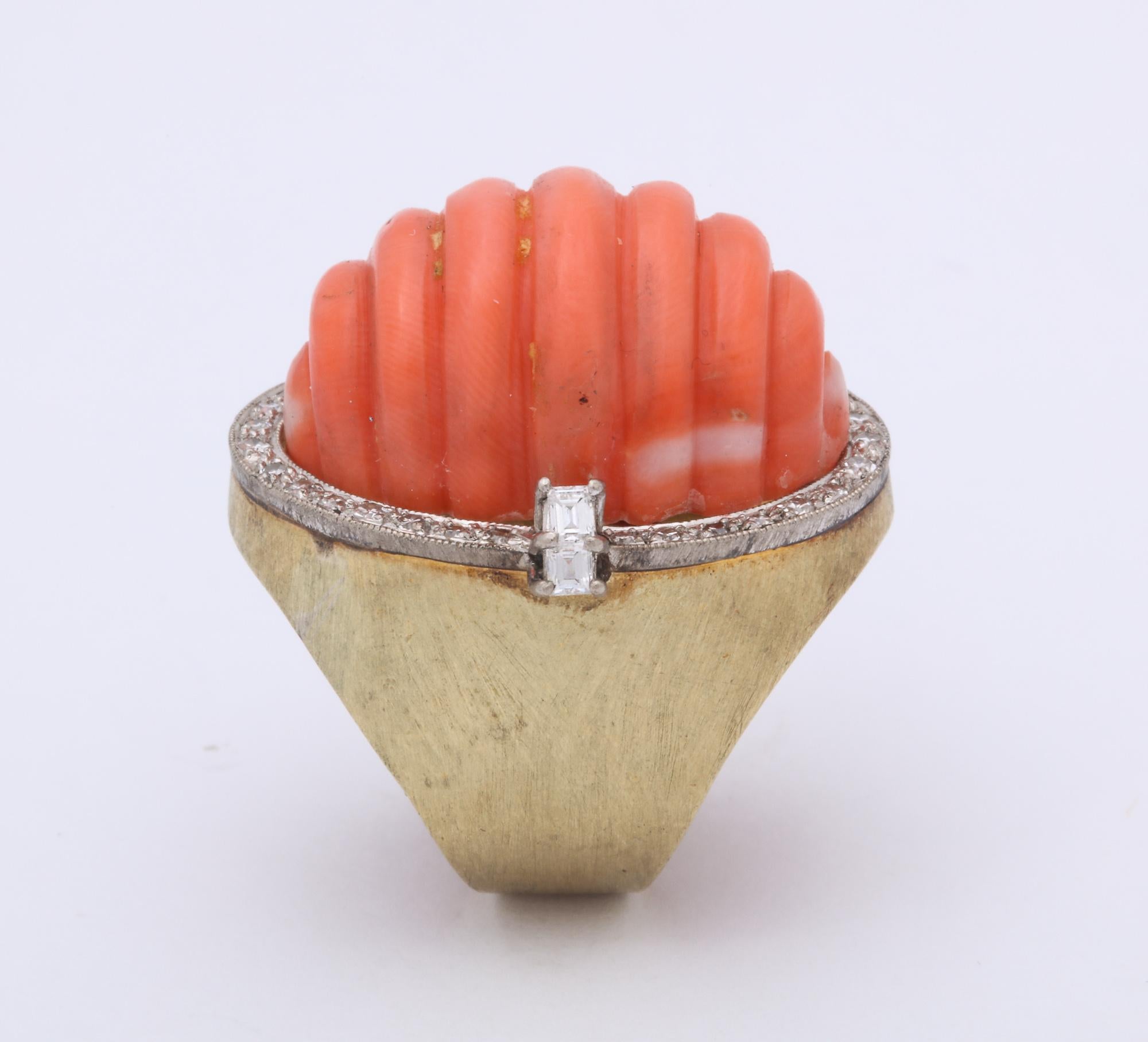 1960s Large Shrimp Fluted Coral with Diamonds Gold Cocktail Ring For Sale 1