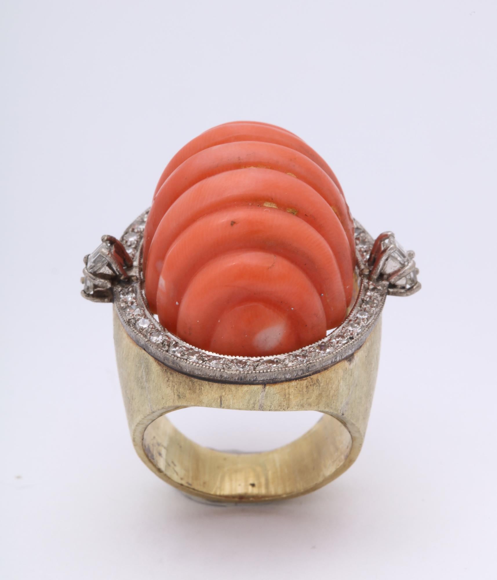 1960s Large Shrimp Fluted Coral with Diamonds Gold Cocktail Ring For Sale 2
