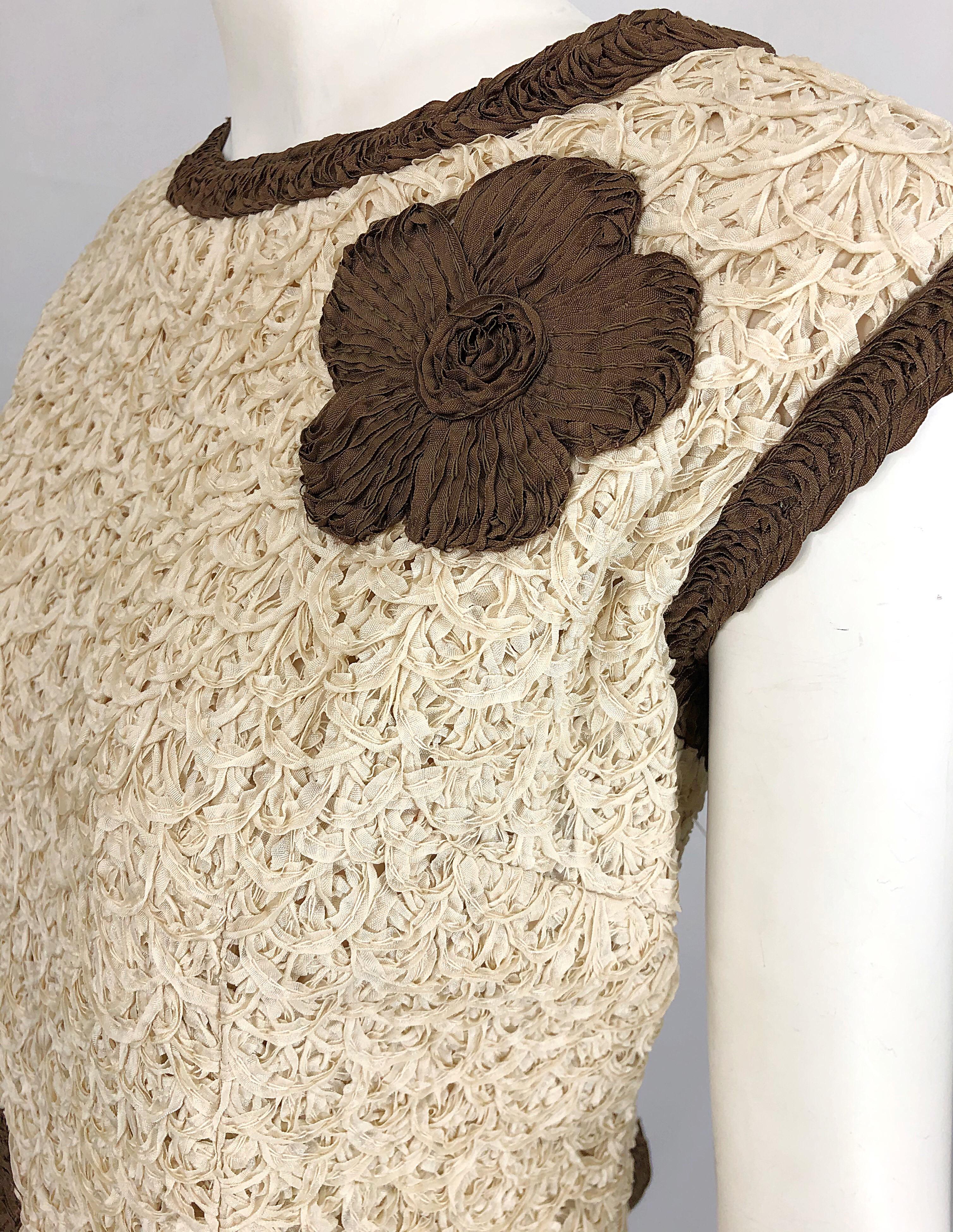 1960s Large Size Ivory + Brown Woven Ribbon Flower 60s Mod Shirt and Skirt Dress 6