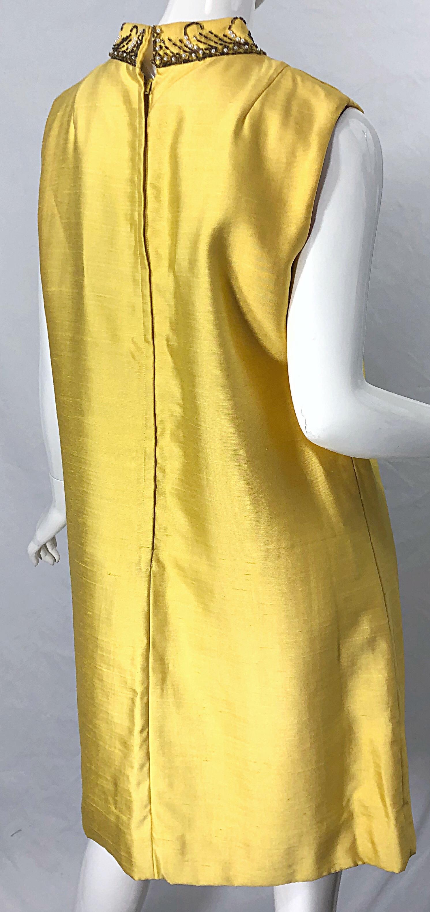 1960s Large size Yellow Beaded Rhinestone Silk Shantung Vintage 60s Shift Dress 3