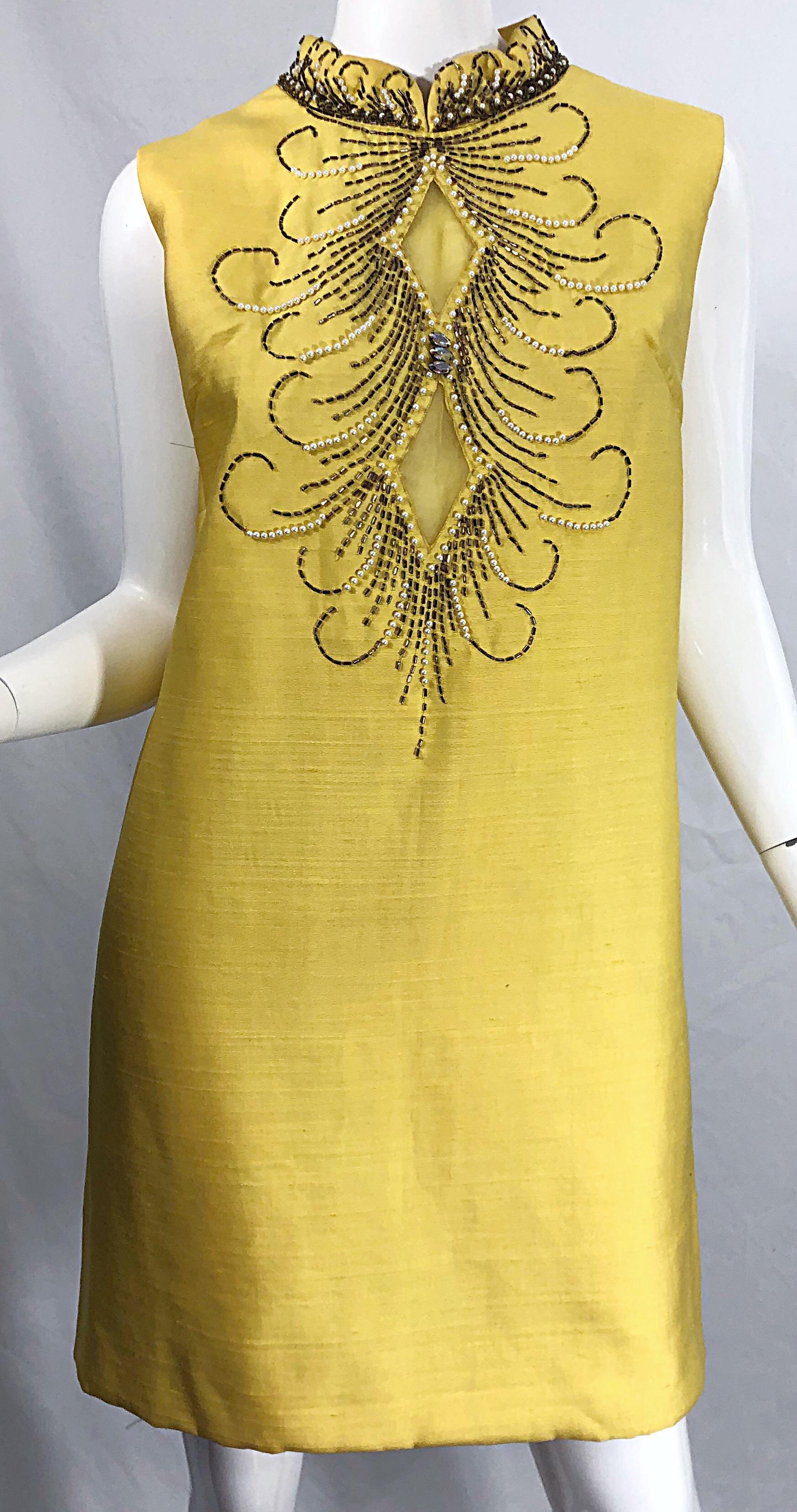 1960s Large size Yellow Beaded Rhinestone Silk Shantung Vintage 60s Shift Dress 5