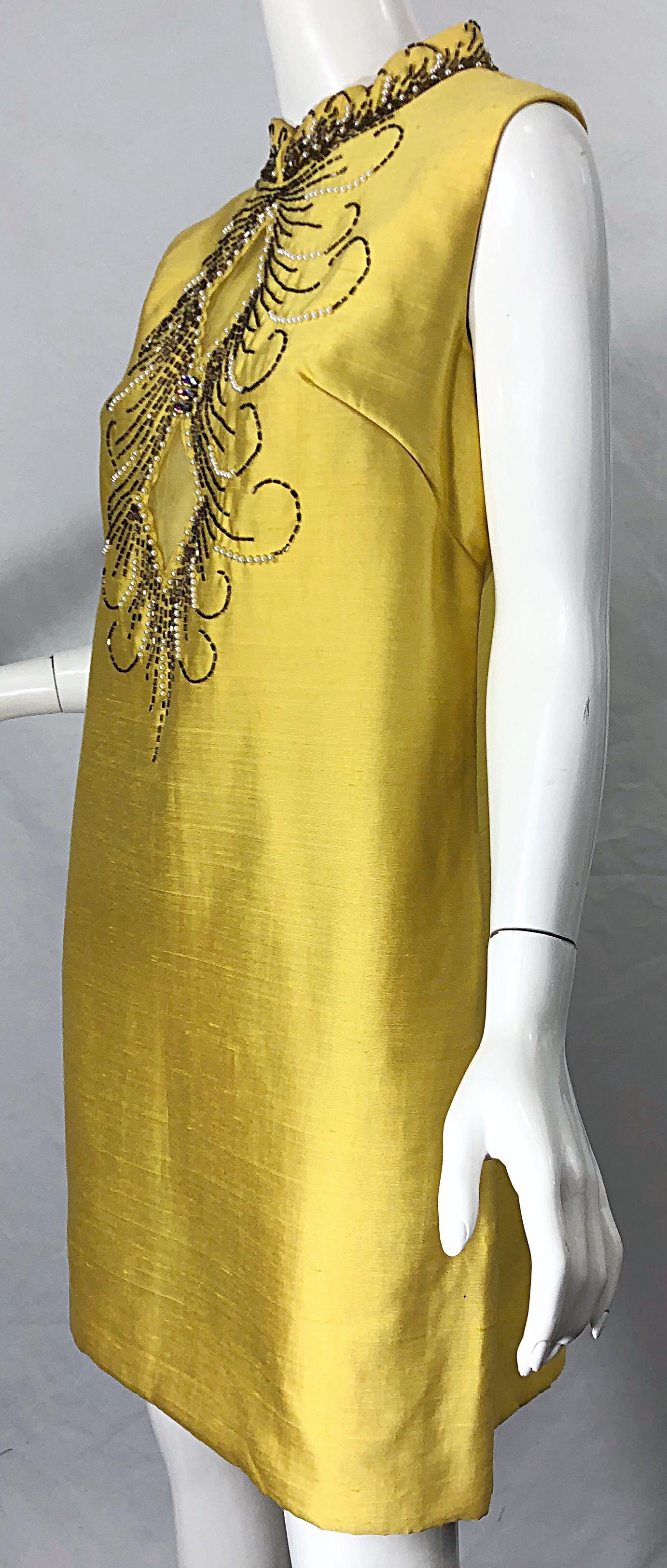 1960s Large size Yellow Beaded Rhinestone Silk Shantung Vintage 60s Shift Dress 7