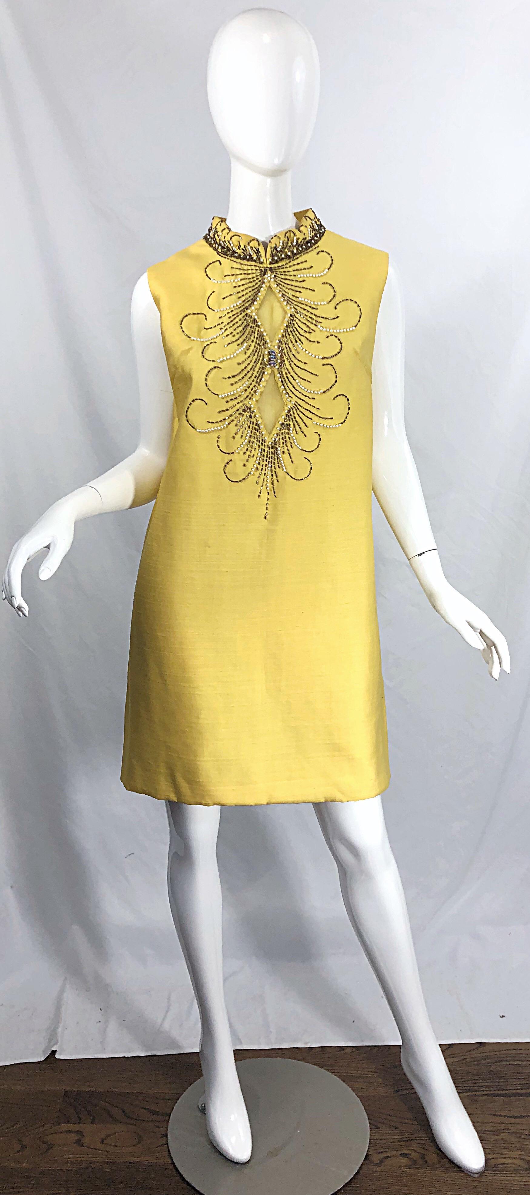 1960s Large size Yellow Beaded Rhinestone Silk Shantung Vintage 60s Shift Dress 8