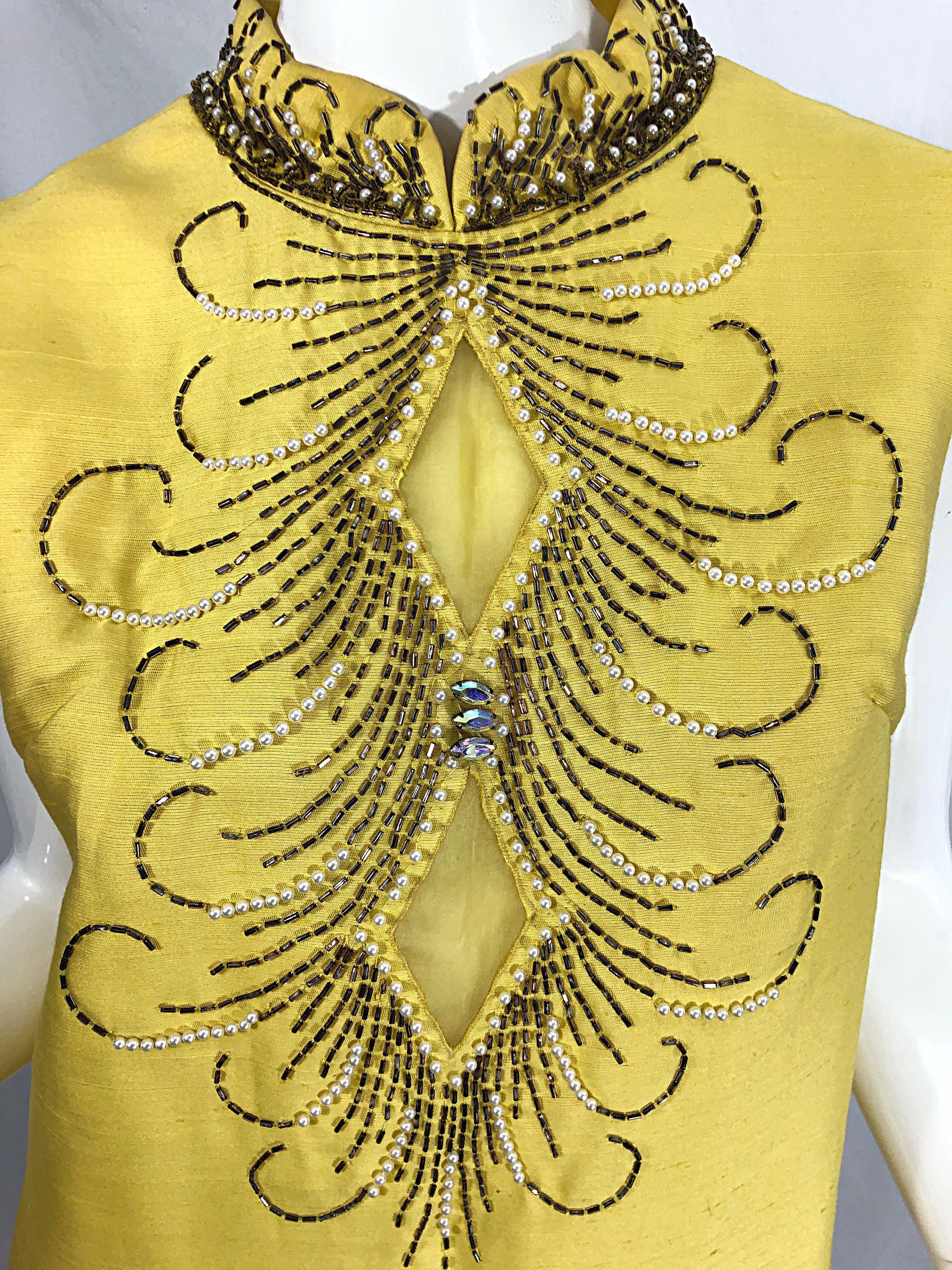 1960s Large size Yellow Beaded Rhinestone Silk Shantung Vintage 60s Shift Dress 1
