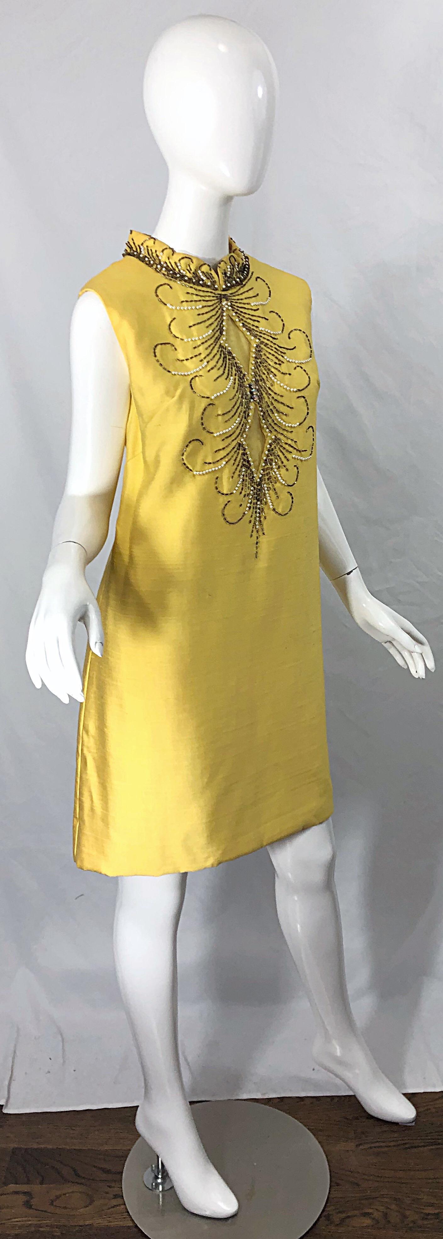 1960s Large size Yellow Beaded Rhinestone Silk Shantung Vintage 60s Shift Dress 2