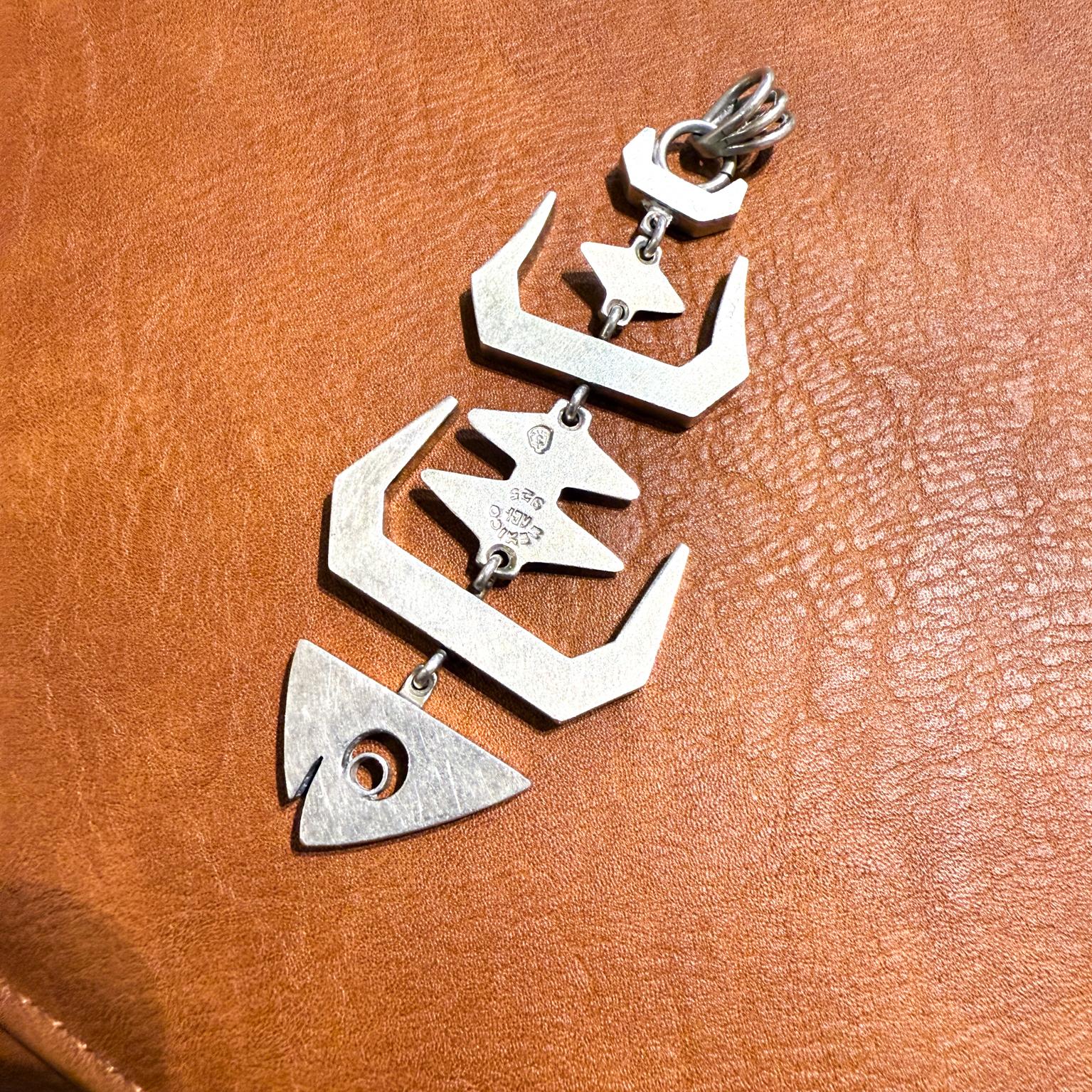 20th Century 1960s Large Sterling Silver Fish Skeleton Pendant For Sale