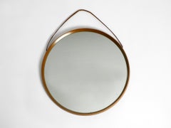 1960s Large Teak Wall Mirror with Leather Strap for Hanging Made in Italy