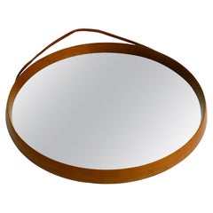 1960s Large Teak Wall Mirror with Leather Strap for Hanging Made in Italy