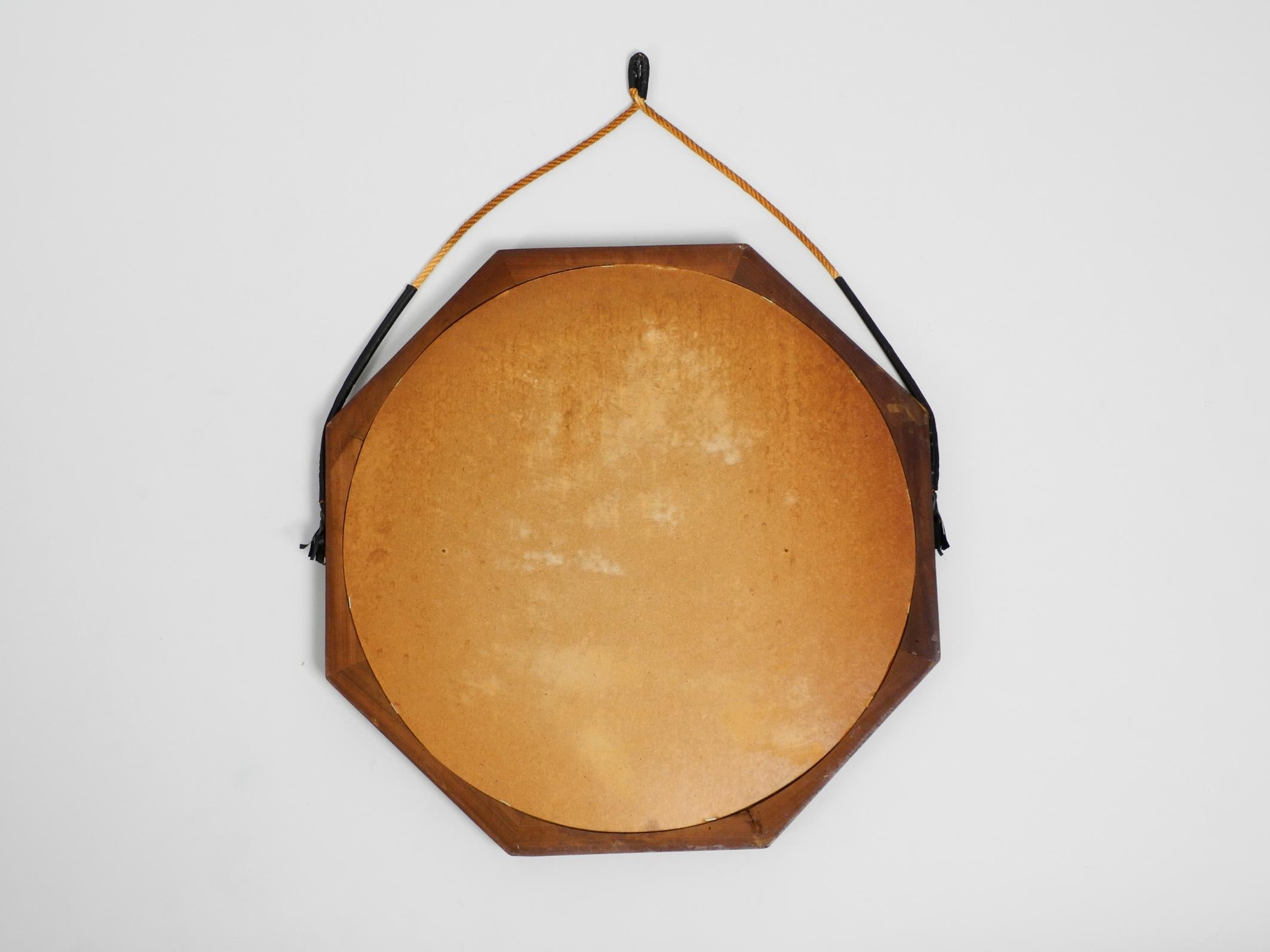 1960s Large Teak Wall Mirror with Thick Rope Made of Natural Fiber 5