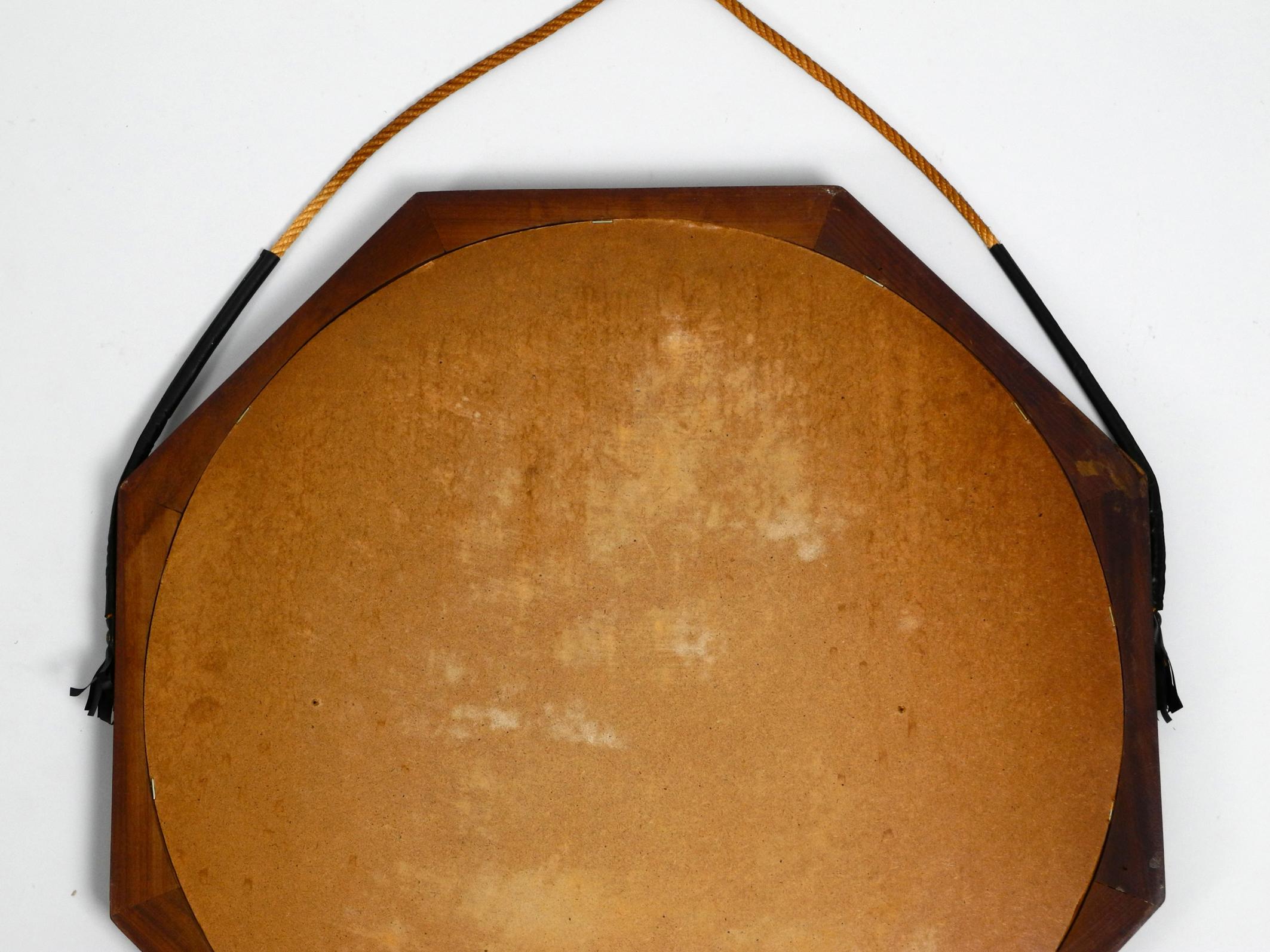 1960s Large Teak Wall Mirror with Thick Rope Made of Natural Fiber 7