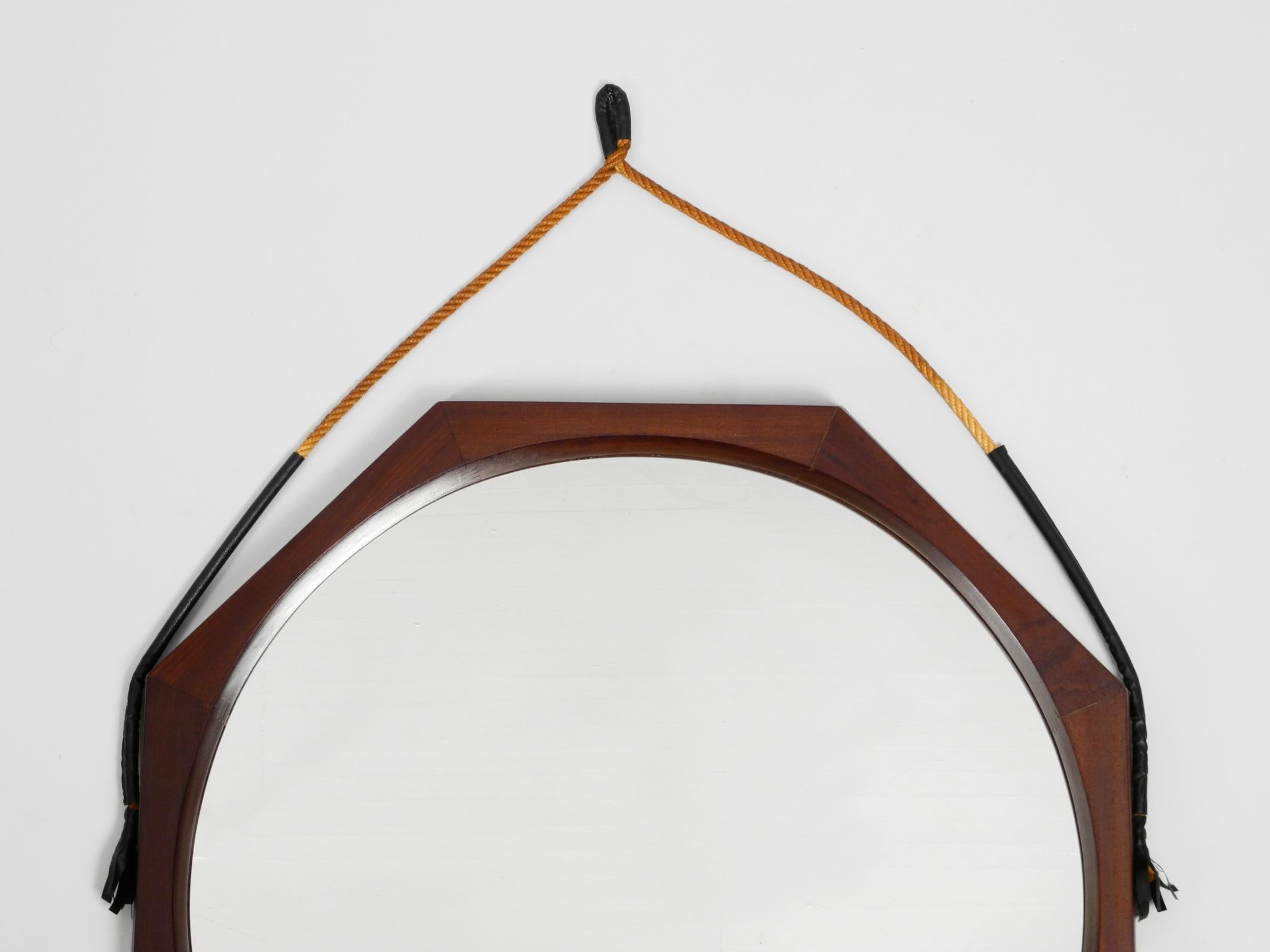 Mid-Century Modern 1960s Large Teak Wall Mirror with Thick Rope Made of Natural Fiber