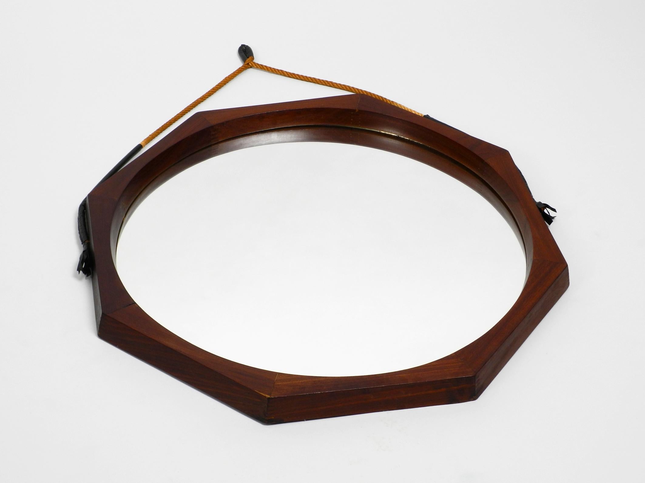 Italian 1960s Large Teak Wall Mirror with Thick Rope Made of Natural Fiber