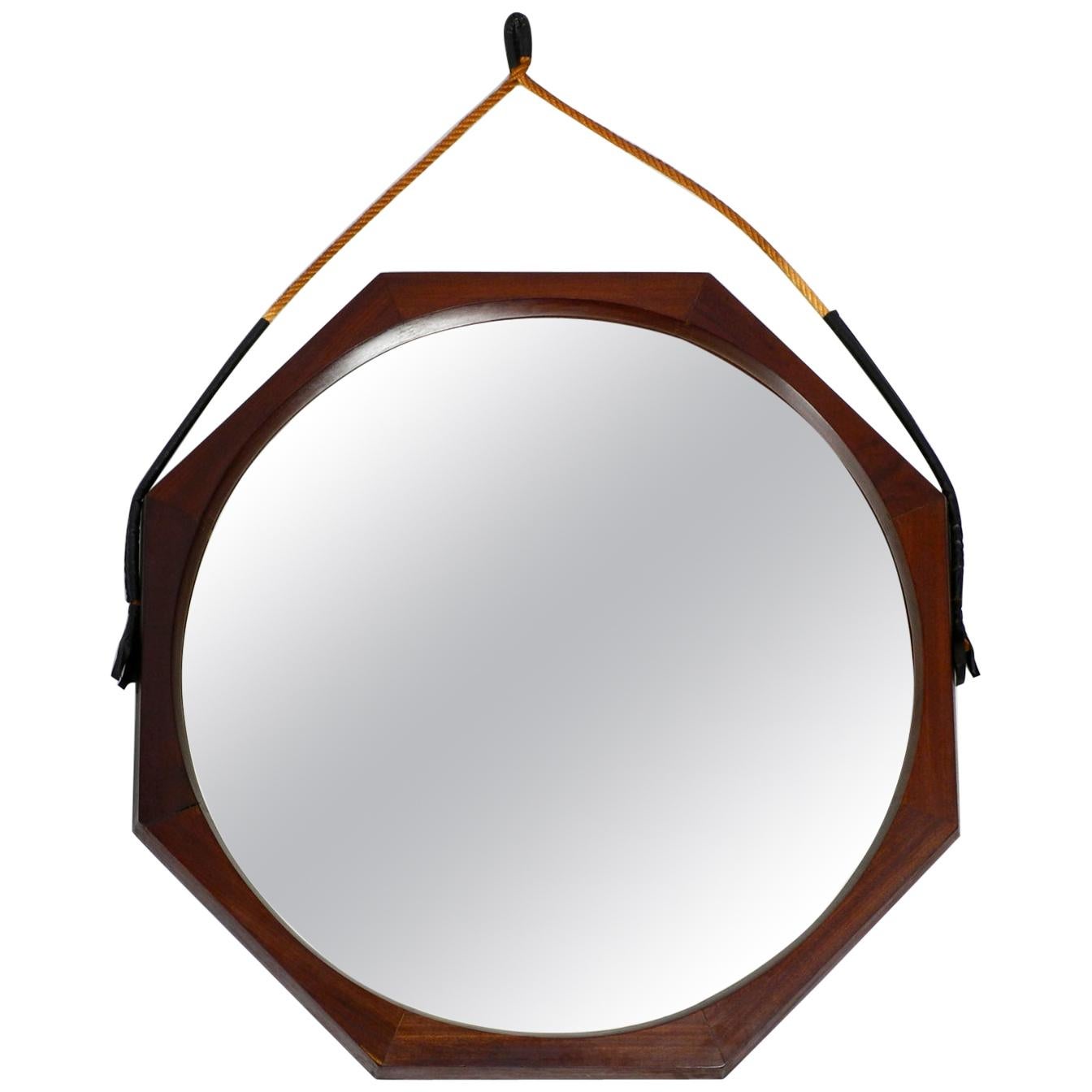 1960s Large Teak Wall Mirror with Thick Rope Made of Natural Fiber