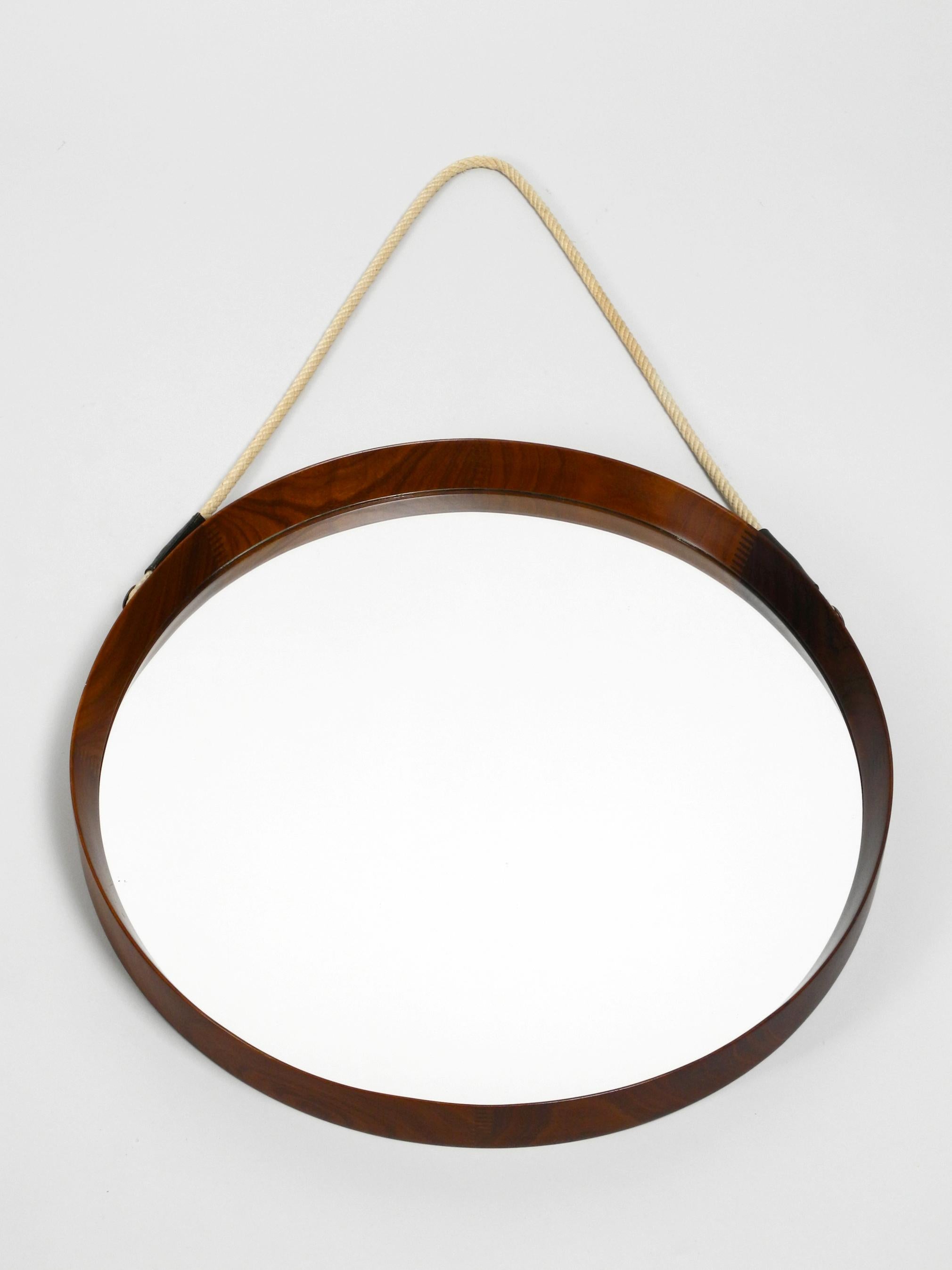 1960s Large Teak Wall Mirror with Thick Rope Made of Natural Fiber Made in Italy 7