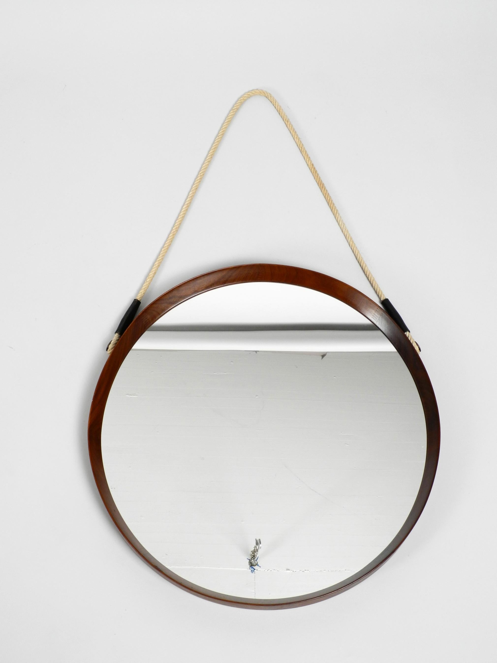 1960s Large Teak Wall Mirror with Thick Rope Made of Natural Fiber Made in Italy 8