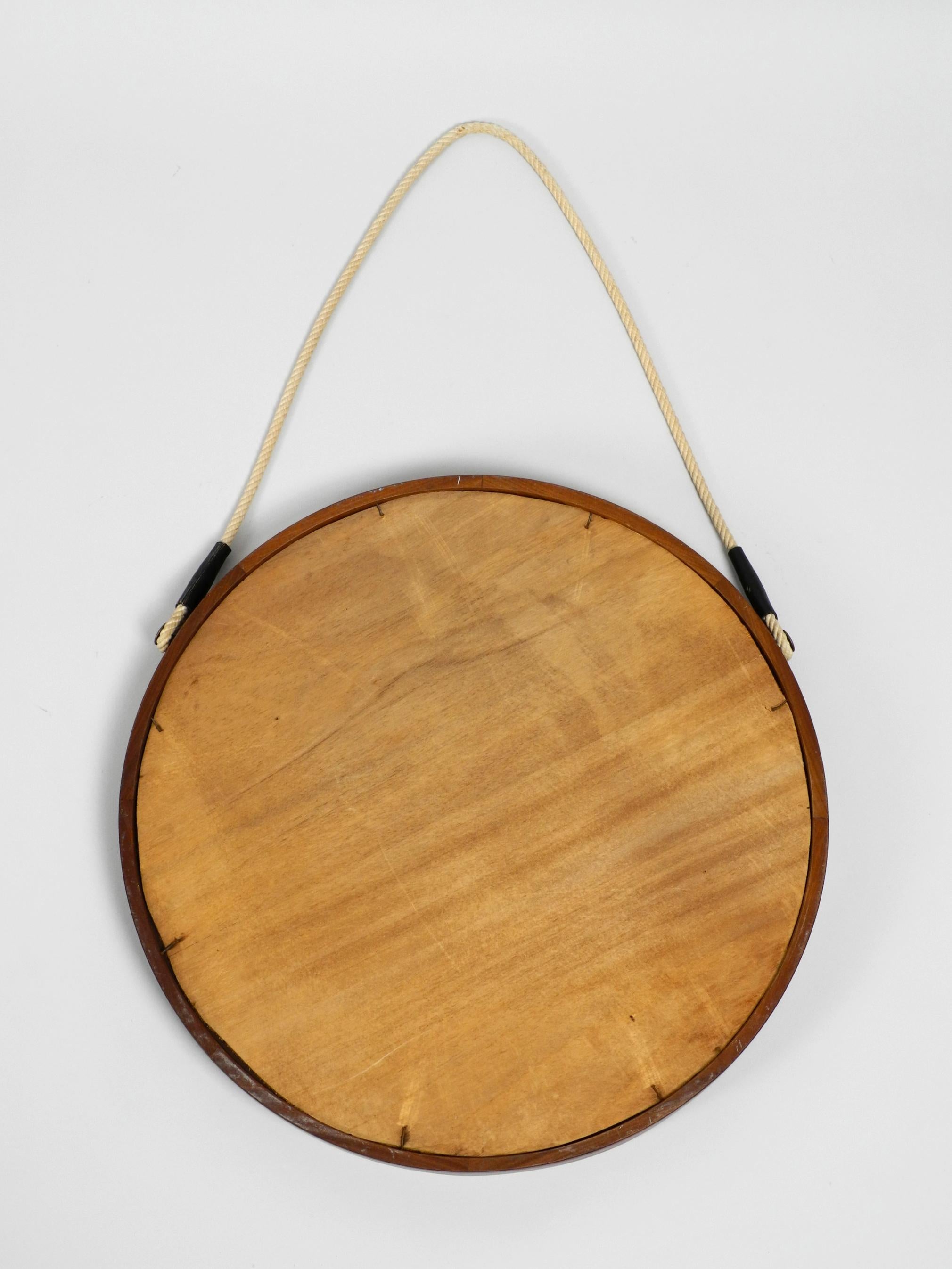 1960s Large Teak Wall Mirror with Thick Rope Made of Natural Fiber Made in Italy 2