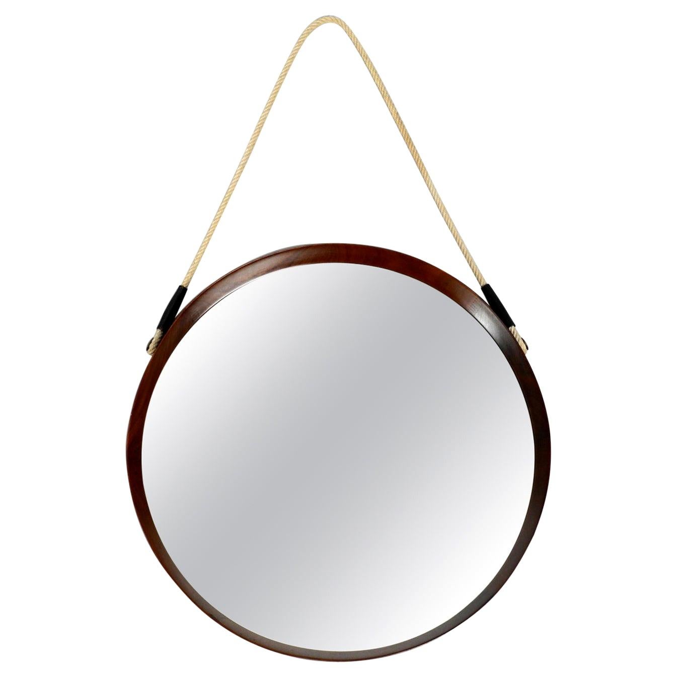 1960s Large Teak Wall Mirror with Thick Rope Made of Natural Fiber Made