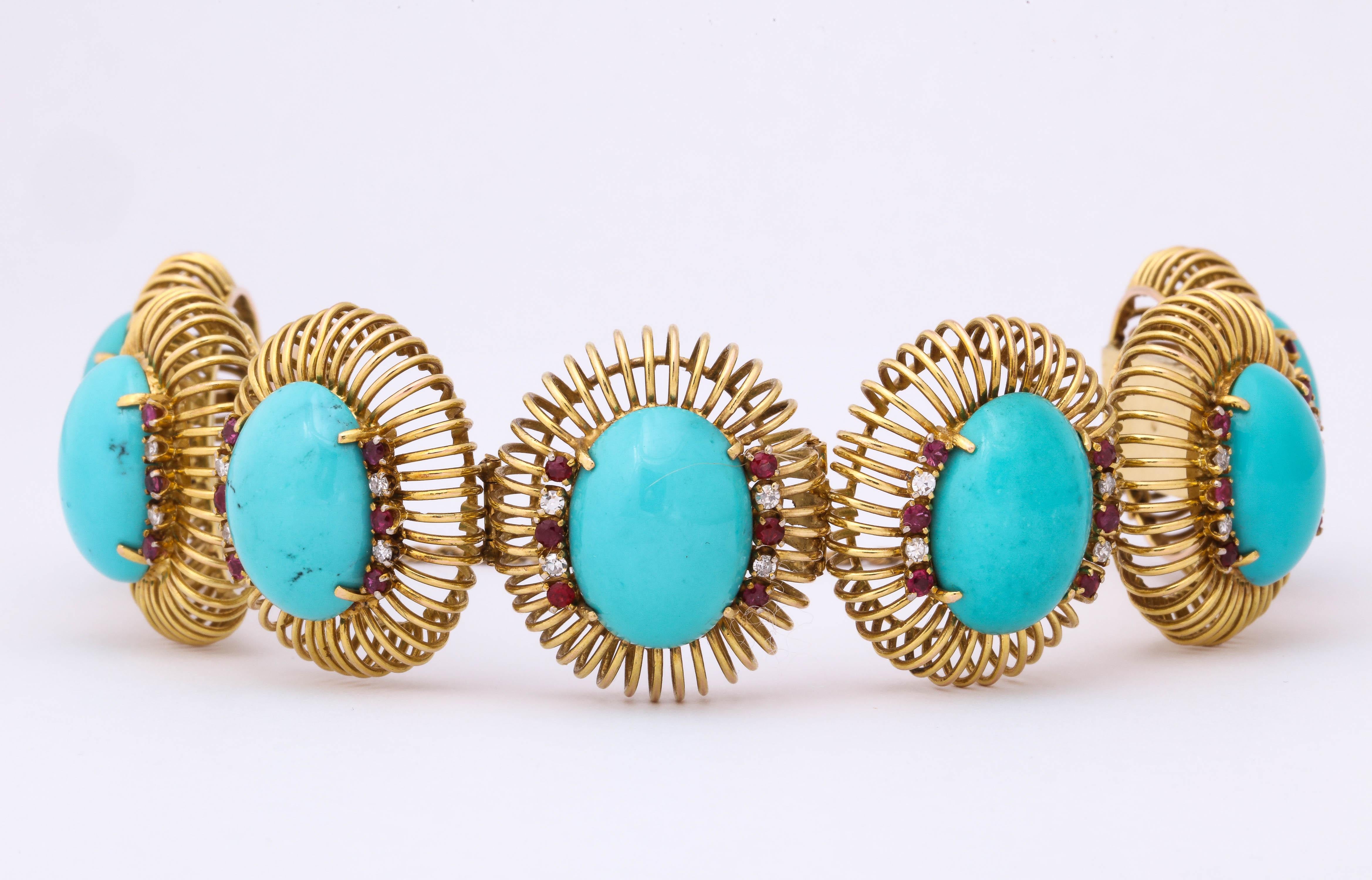 1960s Large Turquoise with Ruby and Diamond Accents Gold Link Bracelet 6