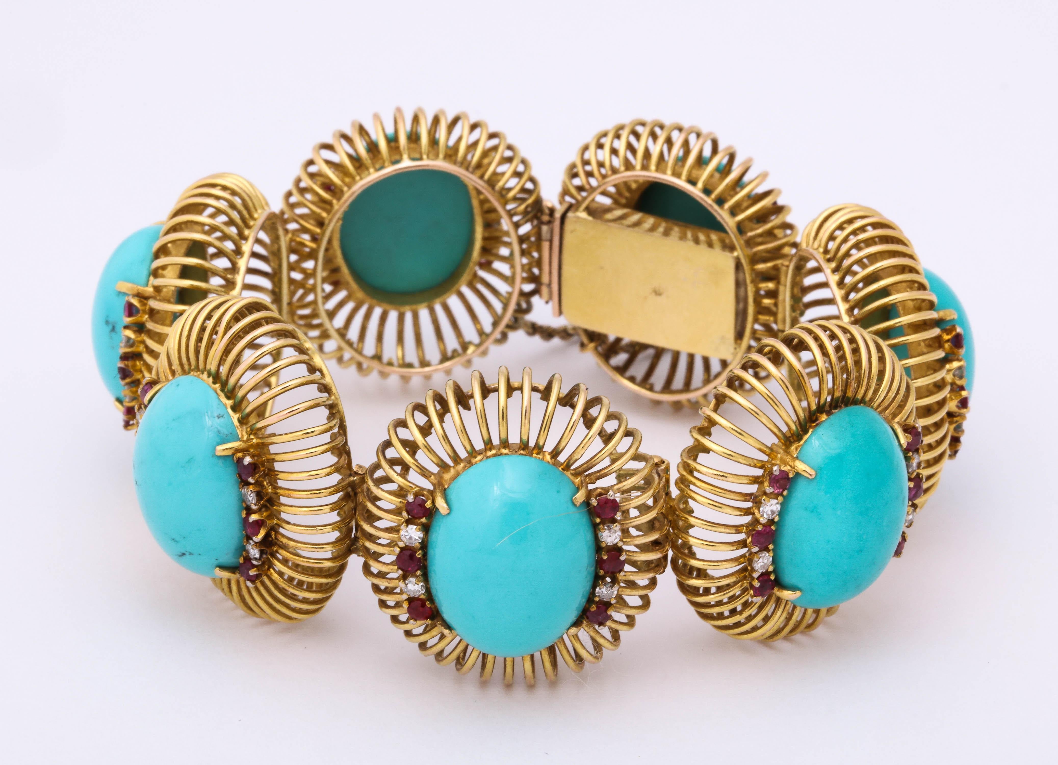 1960s Large Turquoise with Ruby and Diamond Accents Gold Link Bracelet 7