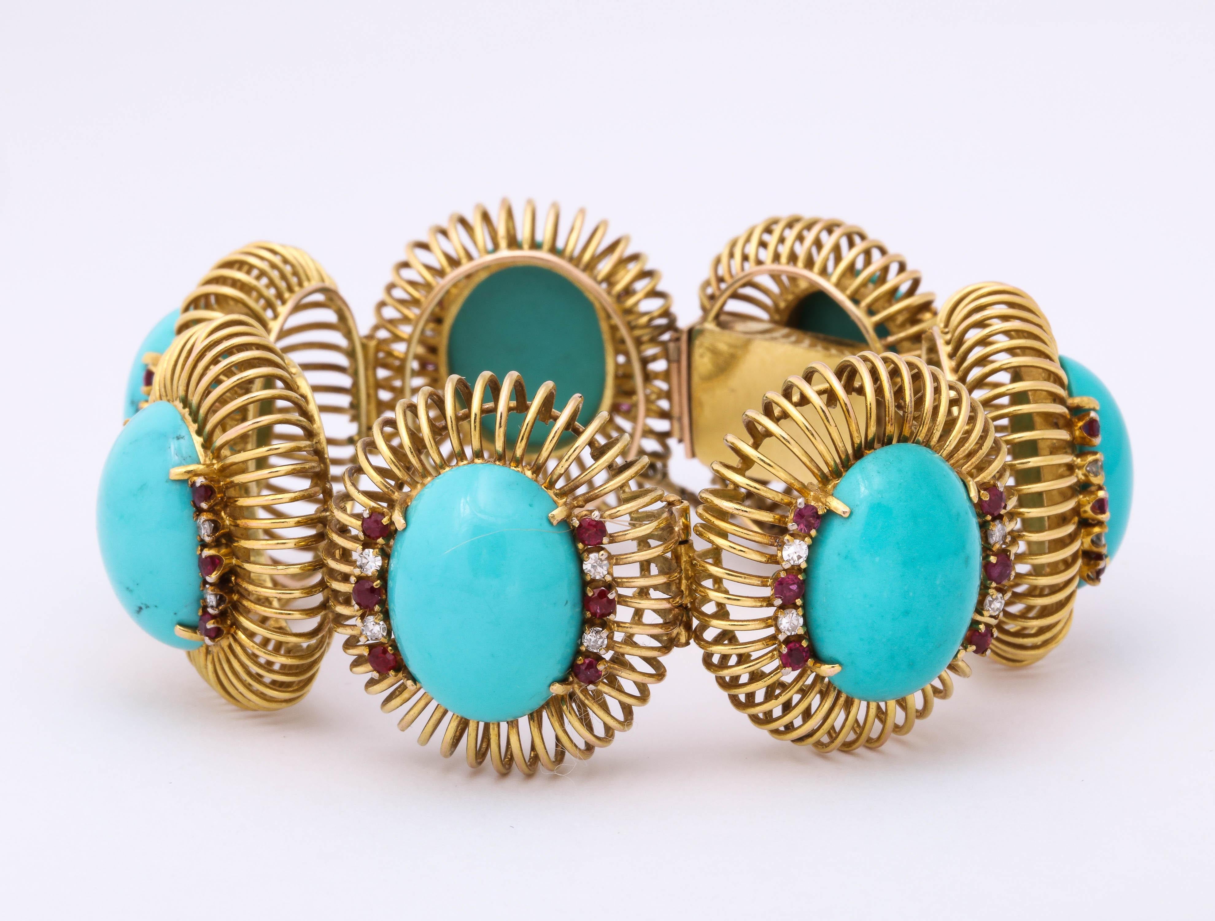 1960s Large Turquoise with Ruby and Diamond Accents Gold Link Bracelet 8